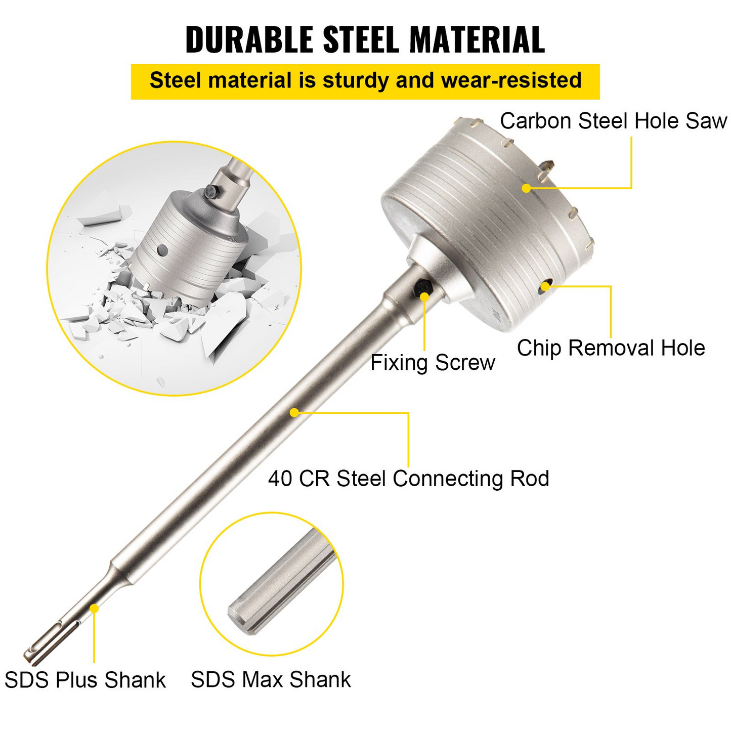 VEVOR Concrete Hole Saw Kit, 1-2/11", 1-3/5", 2-9/16", 3-5/32", 3-15/16" Drill Bit Set SDS Plus & SDS MAX Shank Wall Hole Cutter w/a 4-1/3" Connecting Rod for Concrete, Cement, Stone Wall, Masonry