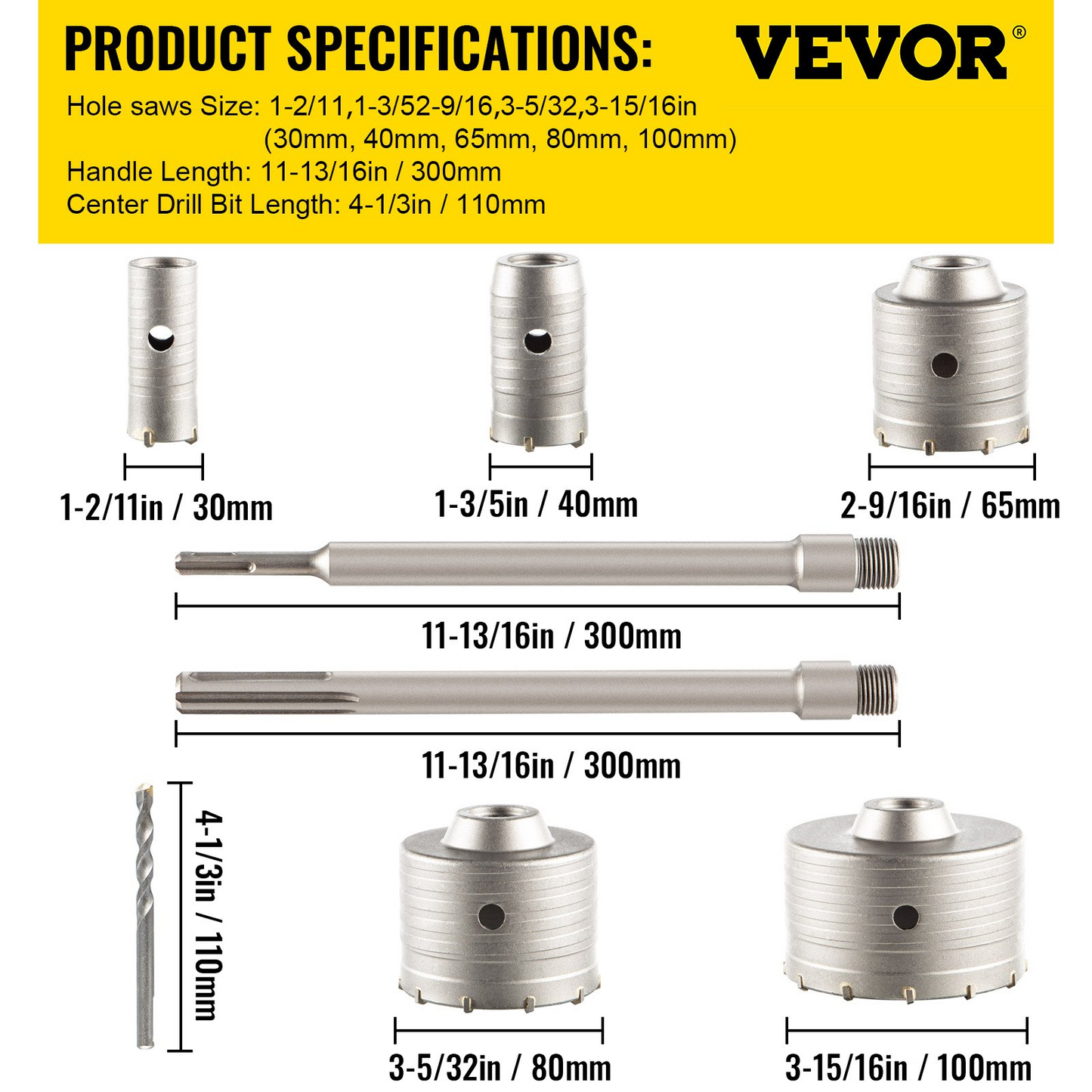 VEVOR Concrete Hole Saw Kit, 1-2/11", 1-3/5", 2-9/16", 3-5/32", 3-15/16" Drill Bit Set SDS Plus & SDS MAX Shank Wall Hole Cutter w/a 4-1/3" Connecting Rod for Concrete, Cement, Stone Wall, Masonry