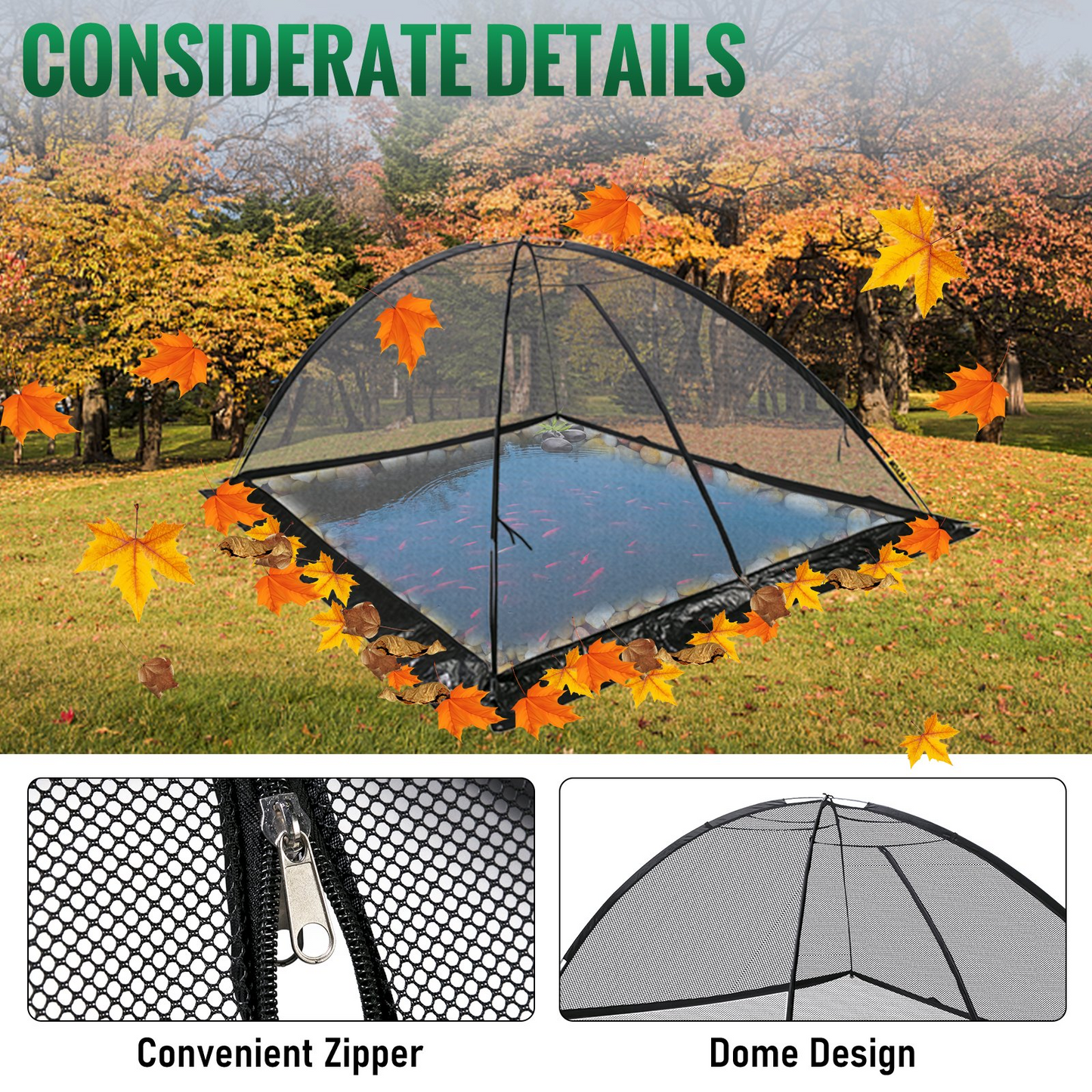 VEVOR Pond Cover Dome, 8x10 FT Garden Pond Net, 1/2 inch Mesh Dome Pond Net Covers with Zipper and Wind Rope, Black Nylon Pond Netting for Pond Pool and Garden