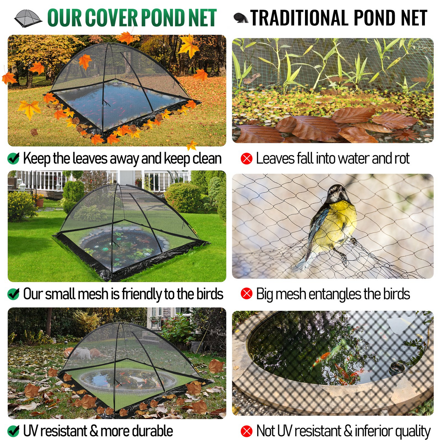 VEVOR Pond Cover Dome, 8x10 FT Garden Pond Net, 1/2 inch Mesh Dome Pond Net Covers with Zipper and Wind Rope, Black Nylon Pond Netting for Pond Pool and Garden