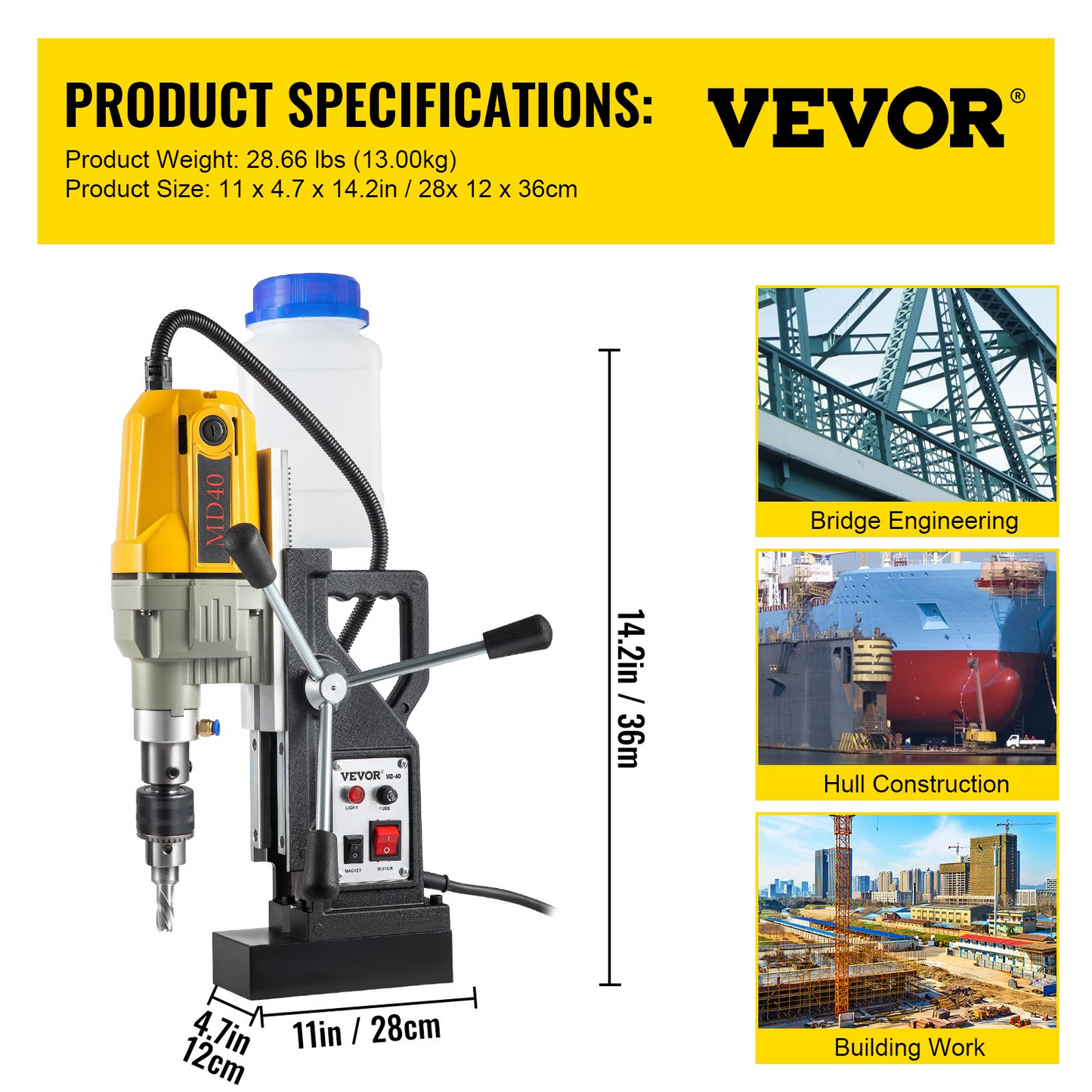 VEVOR Magnetic Drill, 1100W 1.57" Boring Diameter, 2697lbf/12000N Portable Electric Mag Drill Press with 12 Drilling Bits, 580 RPM Max Speed Drilling Machine for any Surface and Home Improvement