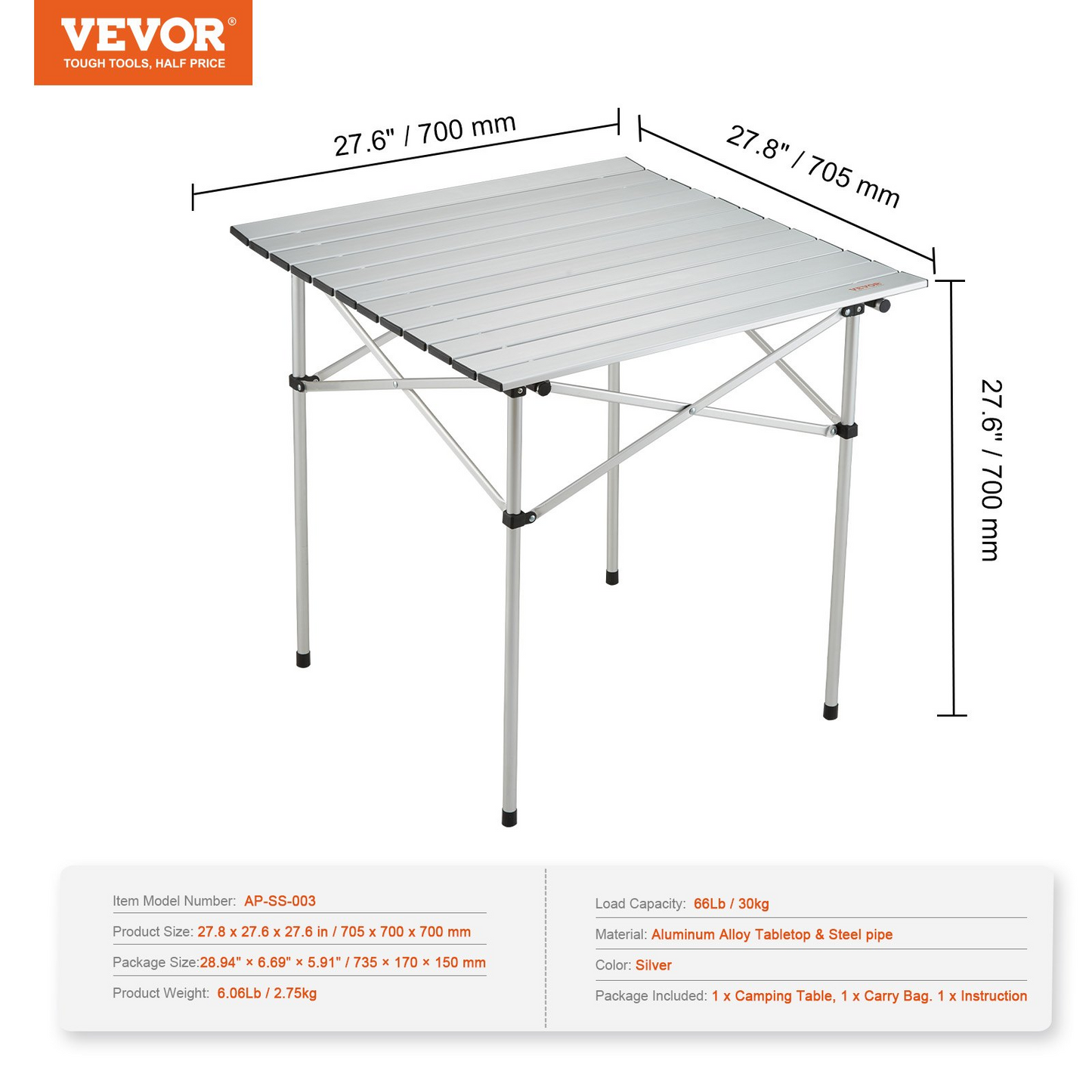 VEVOR Folding Camping Table, Outdoor Portable Side Tables, Lightweight Fold Up Table, Aluminum Ultra Compact Work Table with Carry Bag, For Cooking, Beach, Picnic, Travel, 24x16 inch, Silver