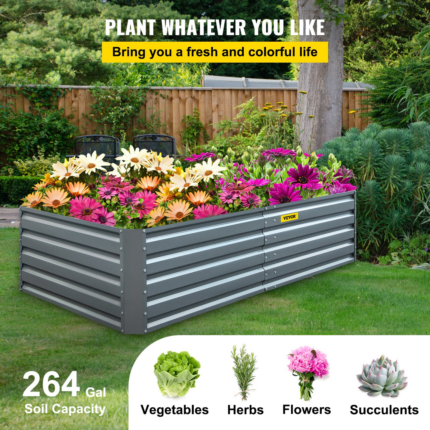 VEVOR Galvanized Raised Garden Bed, 80" x 40" x 19" Metal Planter Box, Gray Steel Plant Raised Garden Bed Kit, Planter Boxes Outdoor for Growing Vegetables,Flowers,Fruits,Herbs,and Succulents