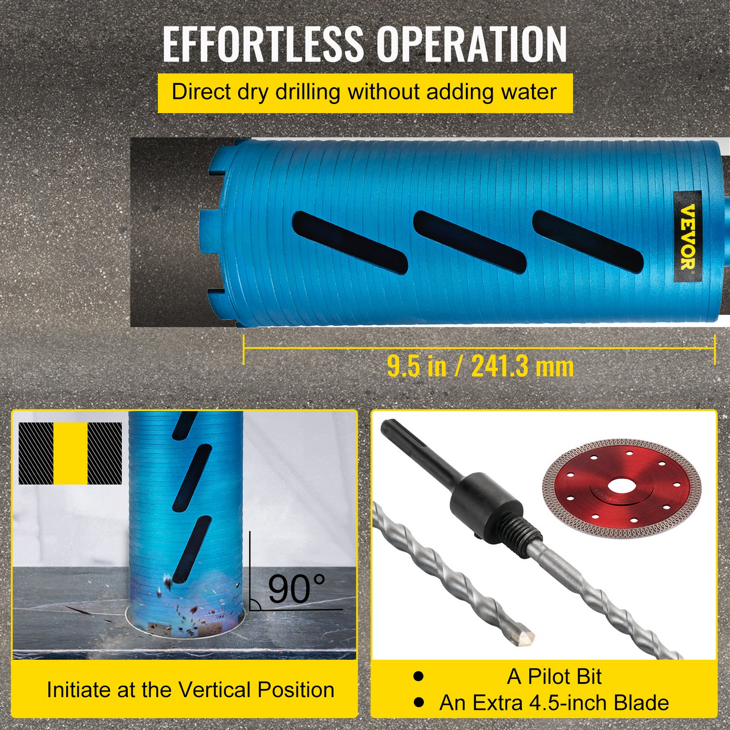 VEVOR Dry Core Drill Bit, 4.25"/108 mm Diameter 5/8"-11 Shank Arbor with a Pilot Bit & 4.5" Blade, 9.5"/241.3mm Depth Diamond Coring Bore Tool, Masonry Hole Saw Bits for Hard Concrete Brick and Block