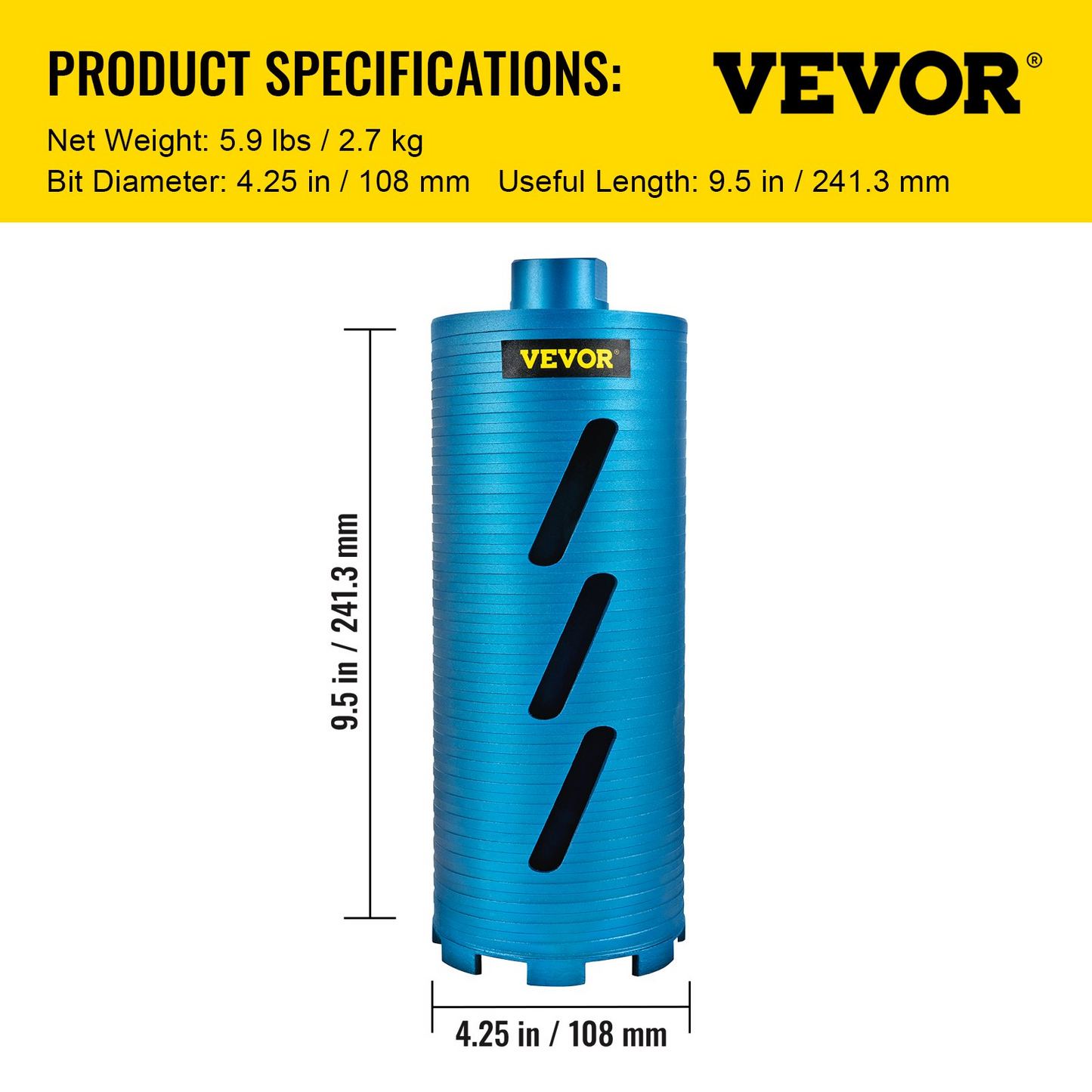 VEVOR Dry Core Drill Bit, 4.25"/108 mm Diameter 5/8"-11 Shank Arbor with a Pilot Bit & 4.5" Blade, 9.5"/241.3mm Depth Diamond Coring Bore Tool, Masonry Hole Saw Bits for Hard Concrete Brick and Block