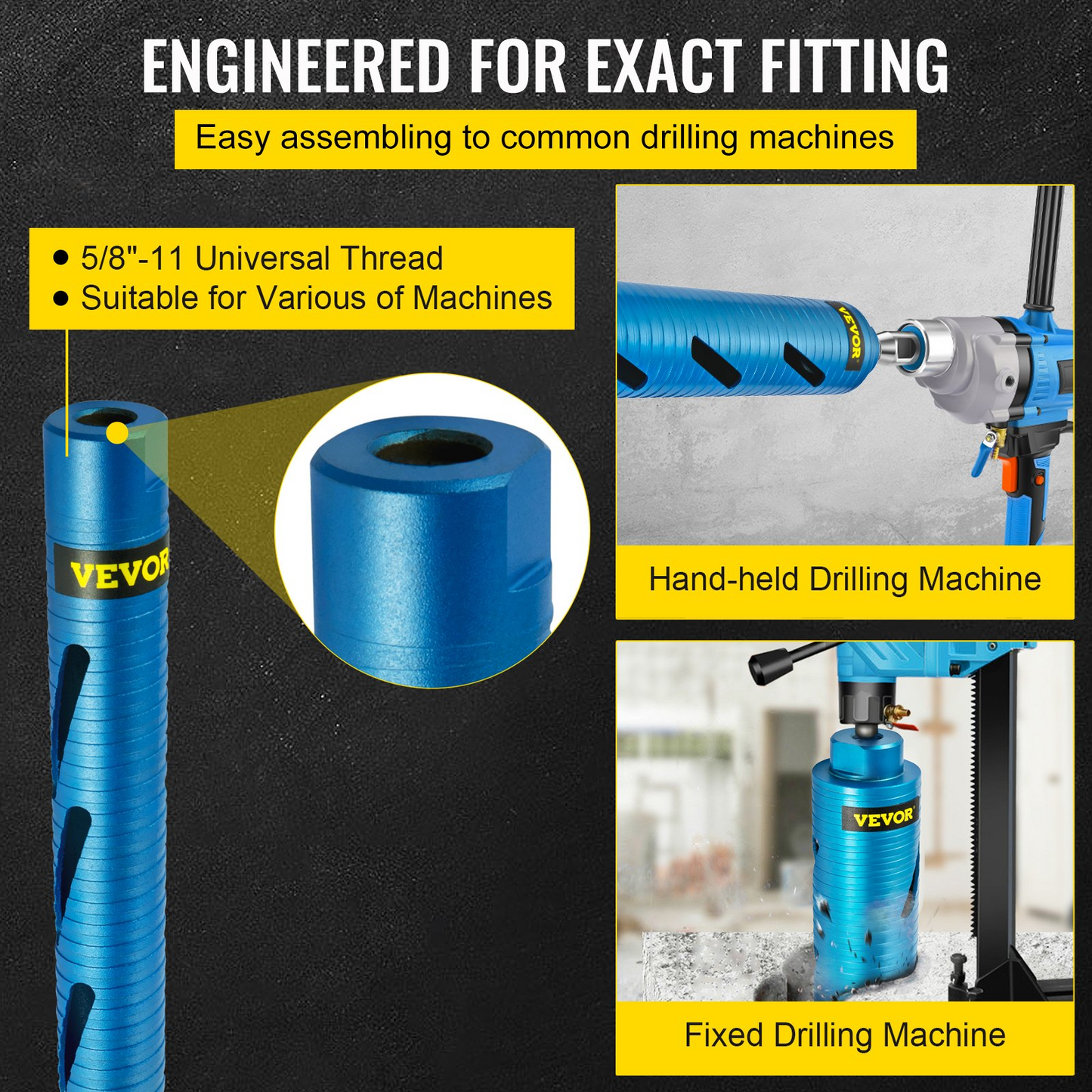 VEVOR Dry Core Drill Bit, 1.5" / 38.1 mm Diameter 5/8"-11 Threaded, 9.5" / 241.3mm Depth Diamond Coring Bore Tool with a Pilot Bit & 4.5" Blade, Masonry Hole Saw Bits for Hard Concrete Brick and Block