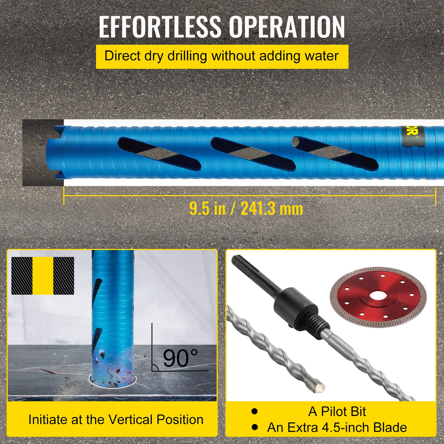 VEVOR Dry Core Drill Bit, 1.5" / 38.1 mm Diameter 5/8"-11 Threaded, 9.5" / 241.3mm Depth Diamond Coring Bore Tool with a Pilot Bit & 4.5" Blade, Masonry Hole Saw Bits for Hard Concrete Brick and Block