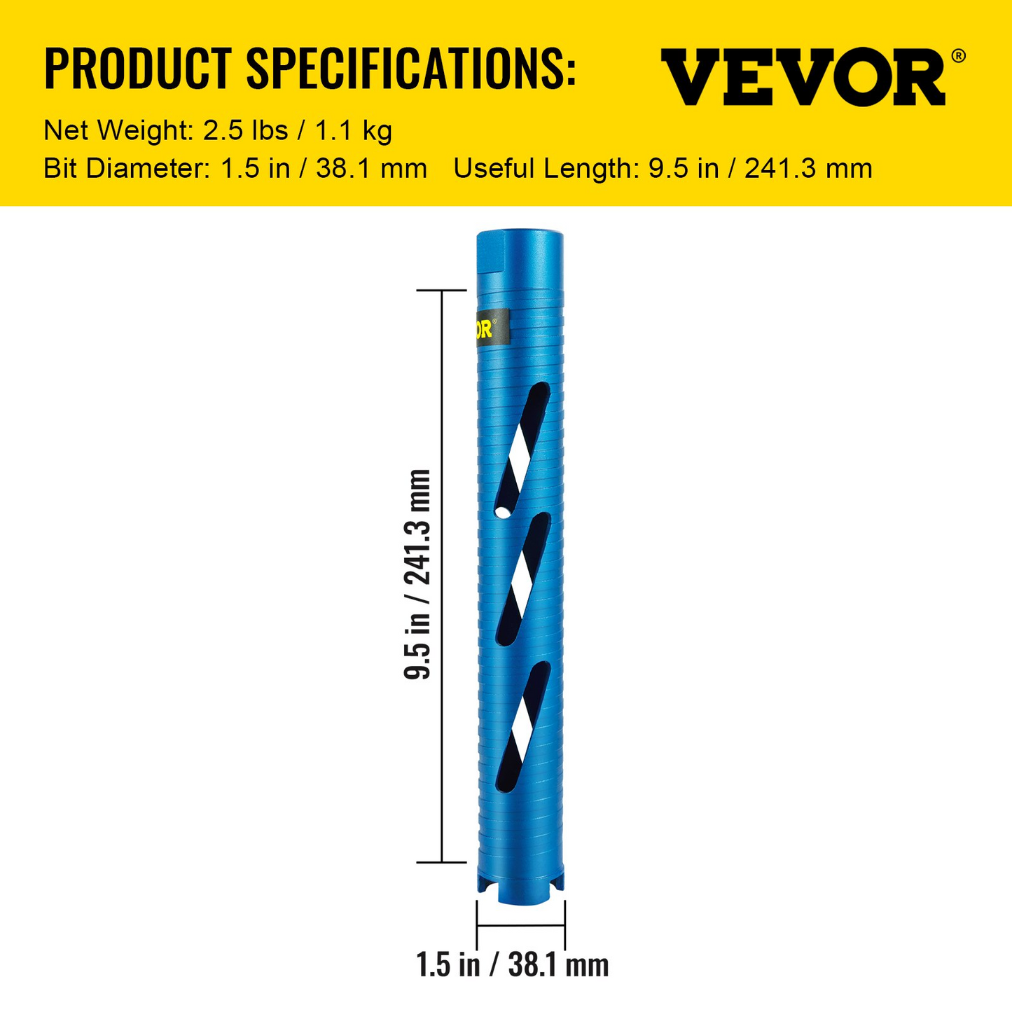 VEVOR Dry Core Drill Bit, 1.5" / 38.1 mm Diameter 5/8"-11 Threaded, 9.5" / 241.3mm Depth Diamond Coring Bore Tool with a Pilot Bit & 4.5" Blade, Masonry Hole Saw Bits for Hard Concrete Brick and Block