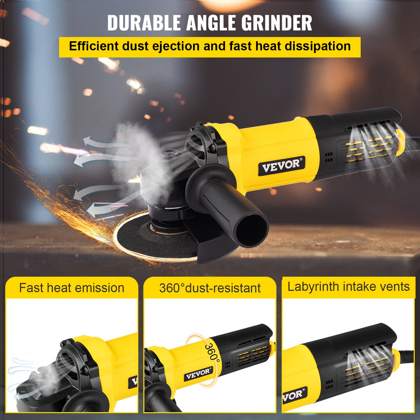 VEVOR Angle Grinder, 4-1/2 Inch Powerful Grinder Tool 11Amp Power Grinder with Paddle Switch and 360° Rotational Guard, 12000rpm Power Angle Grinders for Cutting and Grinding Metal, Stone, Wood, etc