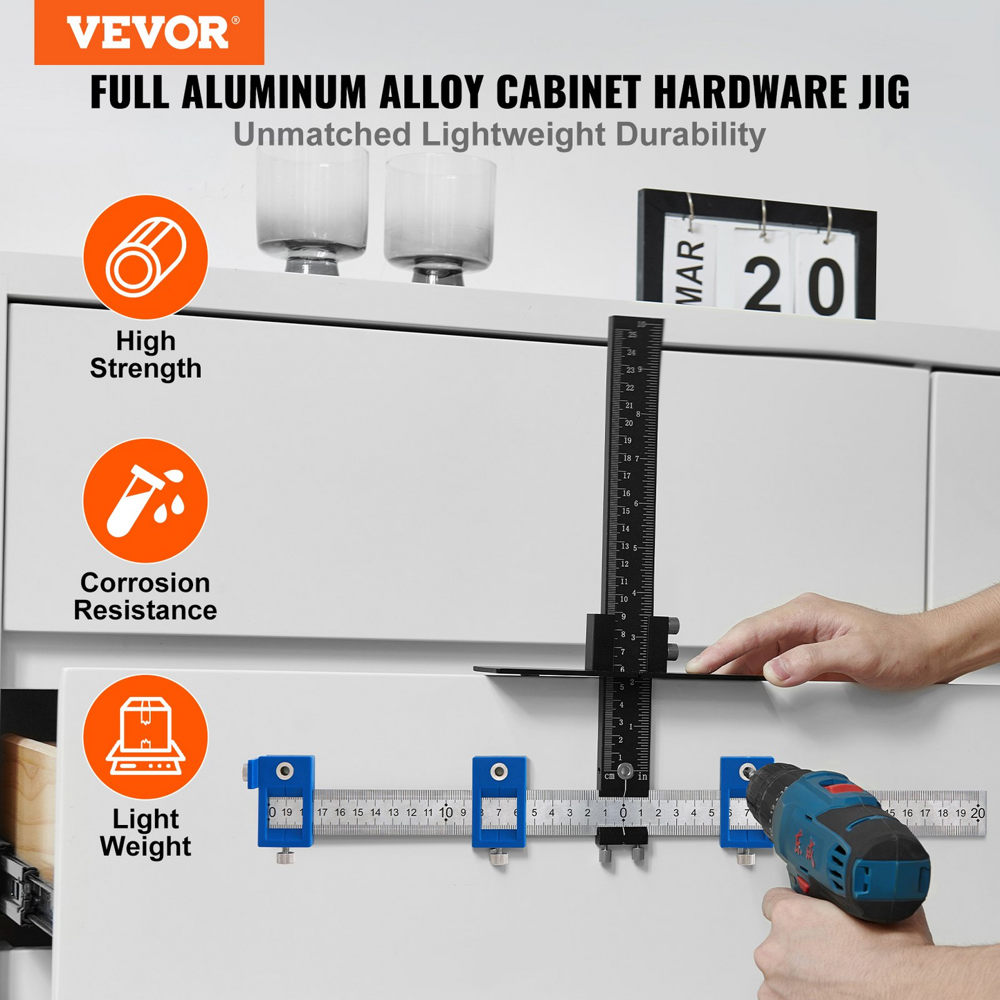 VEVOR Cabinet Hardware Jig, Aluminum Alloy and Stainless Steel Cabinet Handle Jig with Center Punch, Adjustable Cabinet Hardware Template for Installation of Door Drawer Front Knobs Handles and Pulls