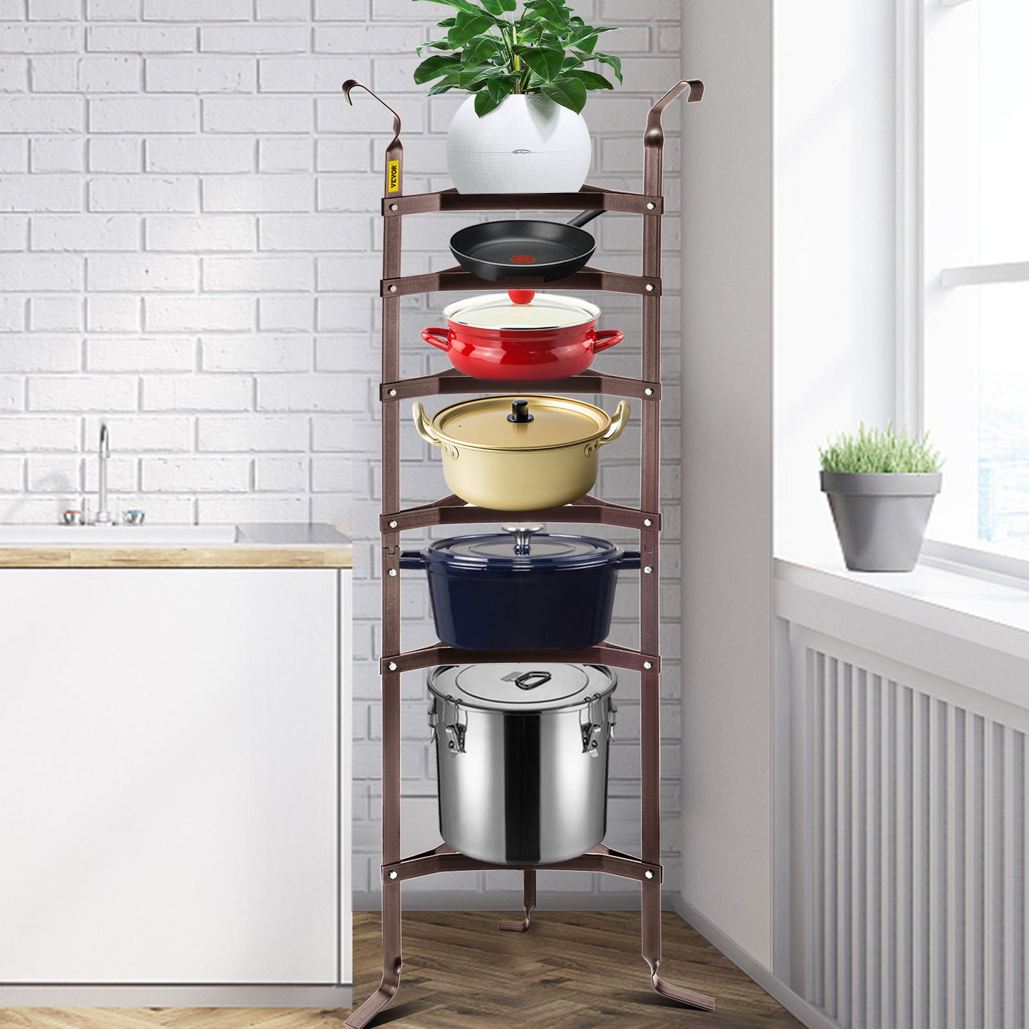 VEVOR 6-Tier Cookware Stand, Carbon Steel Multi-Layer Pot Rack, 61-inch Cookware Shelf, Bronze Cookware Storage Tower, Unassembled Kitchen Corner Shelf Rack for Pans, Pots, Baskets and Kettles Storage