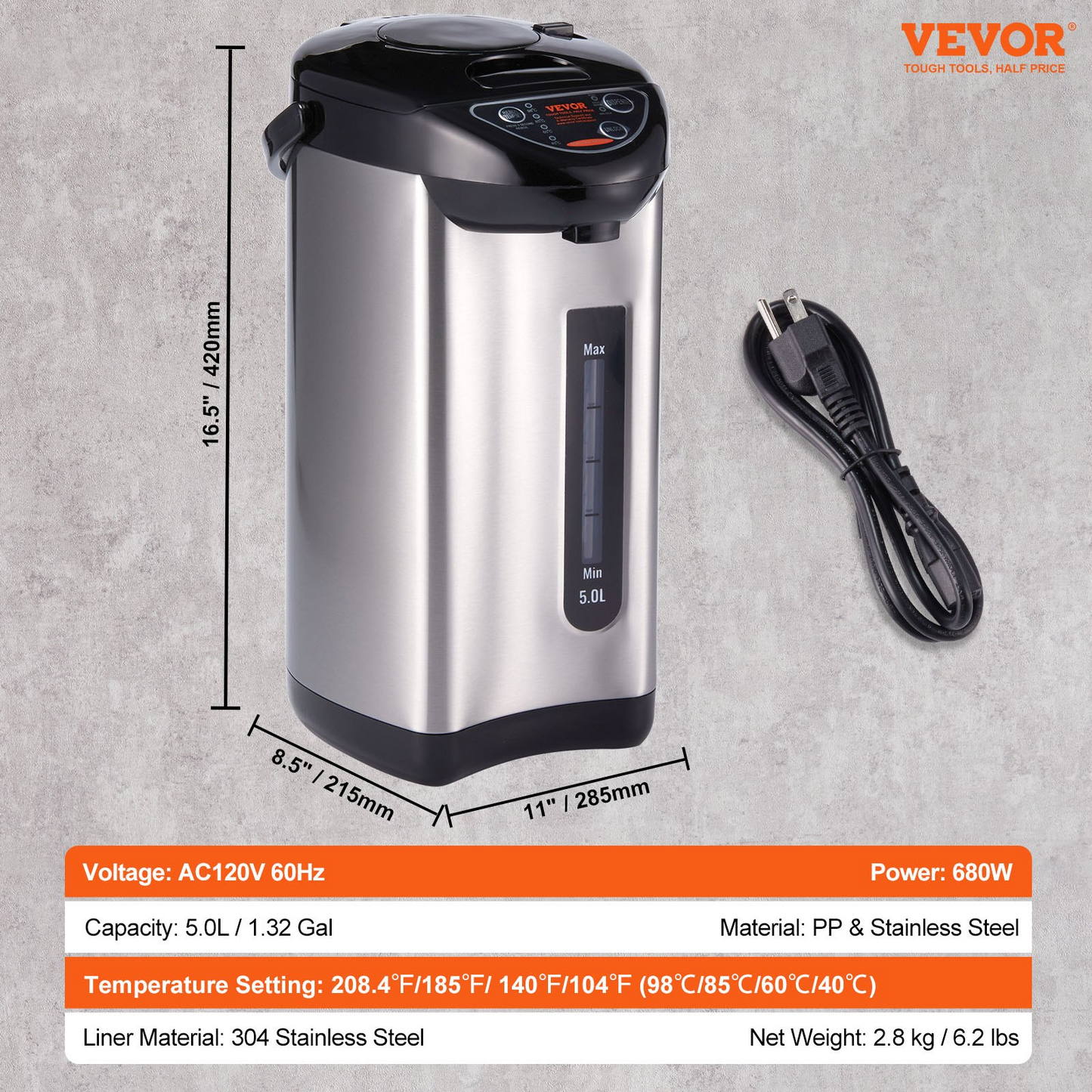 VEVOR Hot Water Dispenser, Adjustable 4 Temperatures Water Boiler and Warmer, 304 Stainless Steel Countertop Water Heater, 3-Way Dispense for Tea, Coffee and Baby Formula, 5L/169 oz