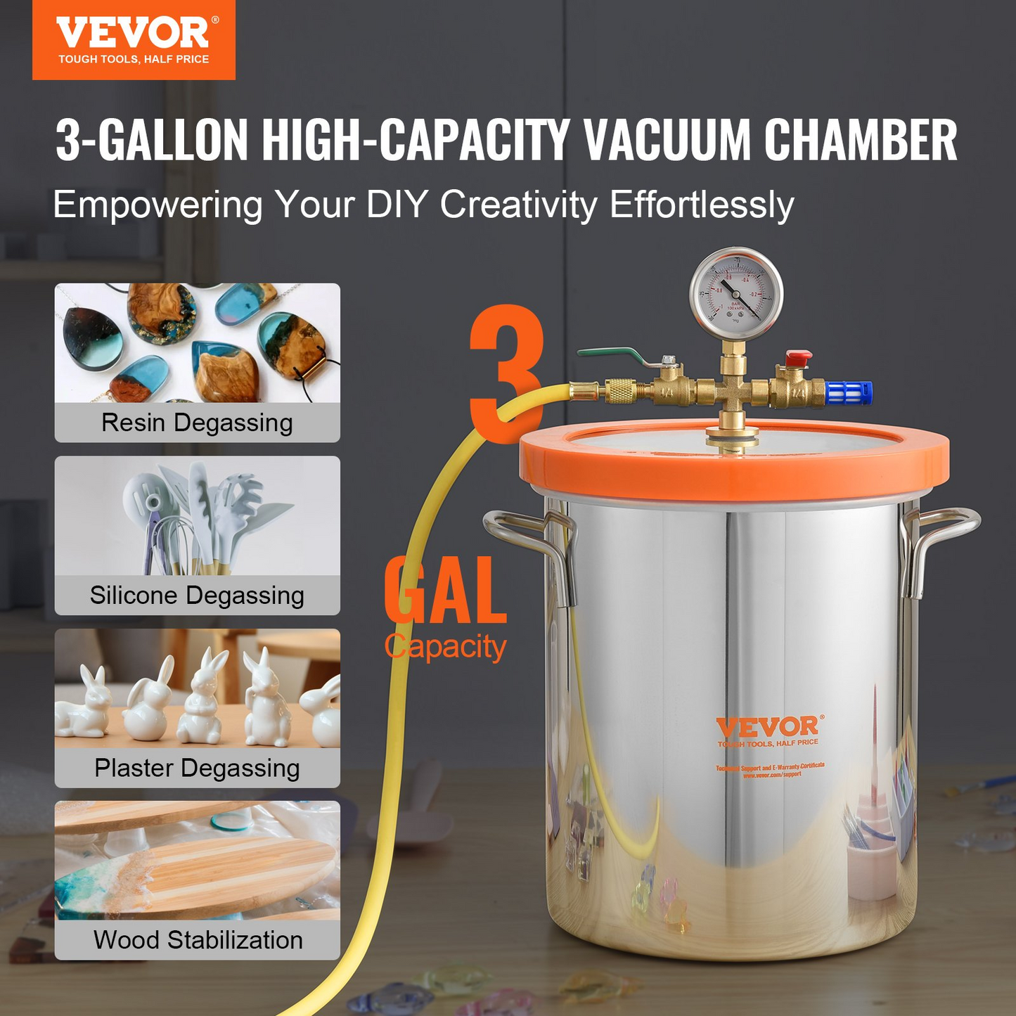 VEVOR 3 Gallon Vacuum Chamber, Upgraded Tempered Glass Lid Vacuum Degassing Chamber, 304 Stainless Steel Chamber, for Stabilizing Wood, Resin Degassing, Silicone Degassing and Plaster Degassing