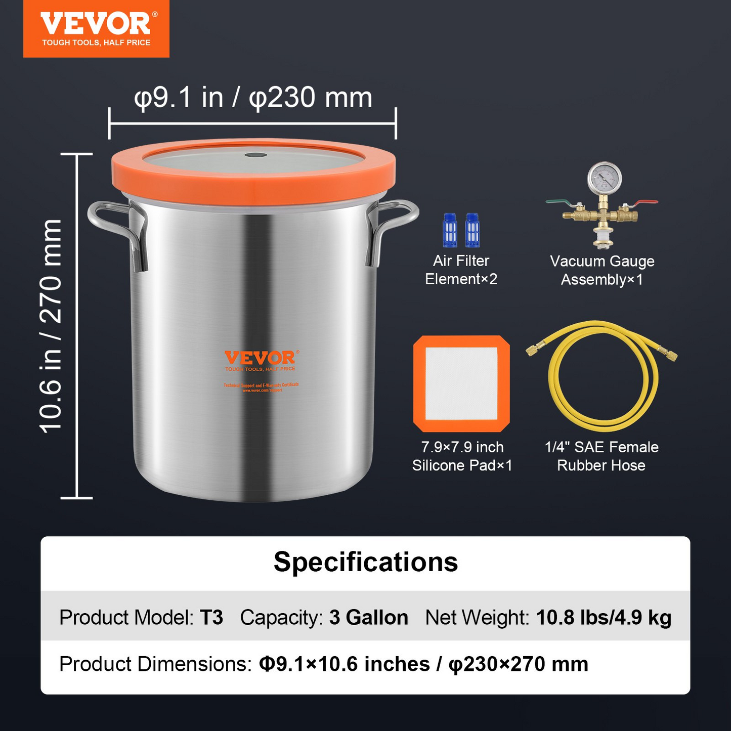 VEVOR 3 Gallon Vacuum Chamber, Upgraded Tempered Glass Lid Vacuum Degassing Chamber, 304 Stainless Steel Chamber, for Stabilizing Wood, Resin Degassing, Silicone Degassing and Plaster Degassing