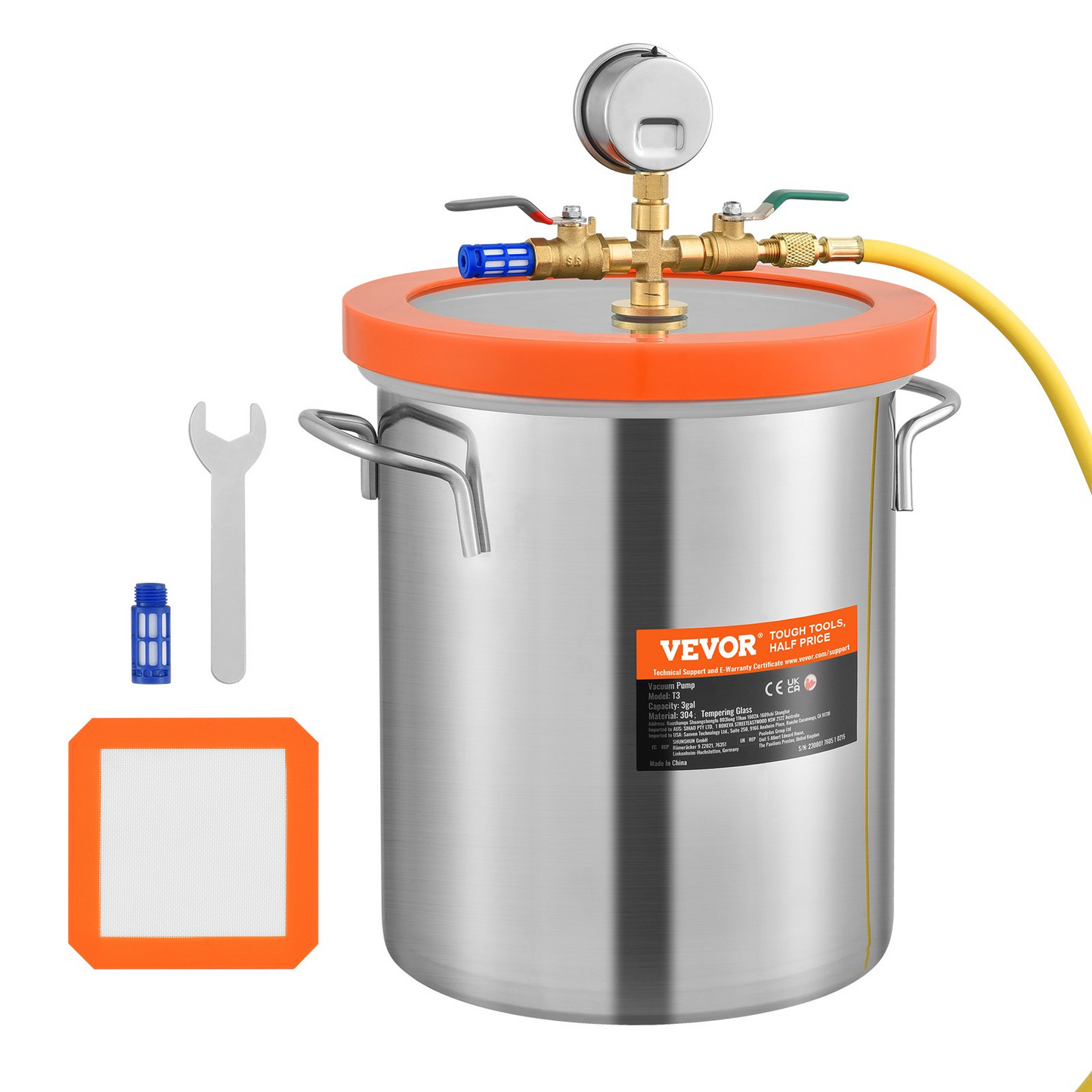 VEVOR 3 Gallon Vacuum Chamber, Upgraded Tempered Glass Lid Vacuum Degassing Chamber, 304 Stainless Steel Chamber, for Stabilizing Wood, Resin Degassing, Silicone Degassing and Plaster Degassing