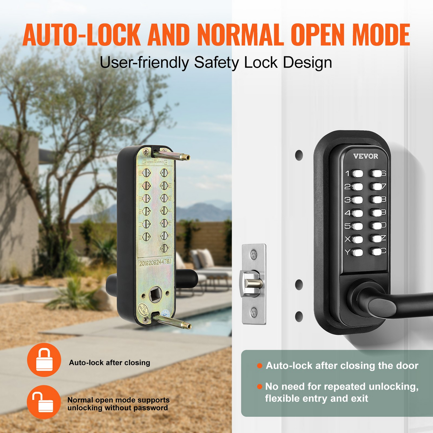 VEVOR Mechanical Keyless Entry Door Lock, 14 Digit Keypad, Double-sided Embedded Outdoor Gate Door Locks Set with Handle and Keypad, Water-proof Zinc Alloy, Easy to Install, for Yard, Garden, Garage