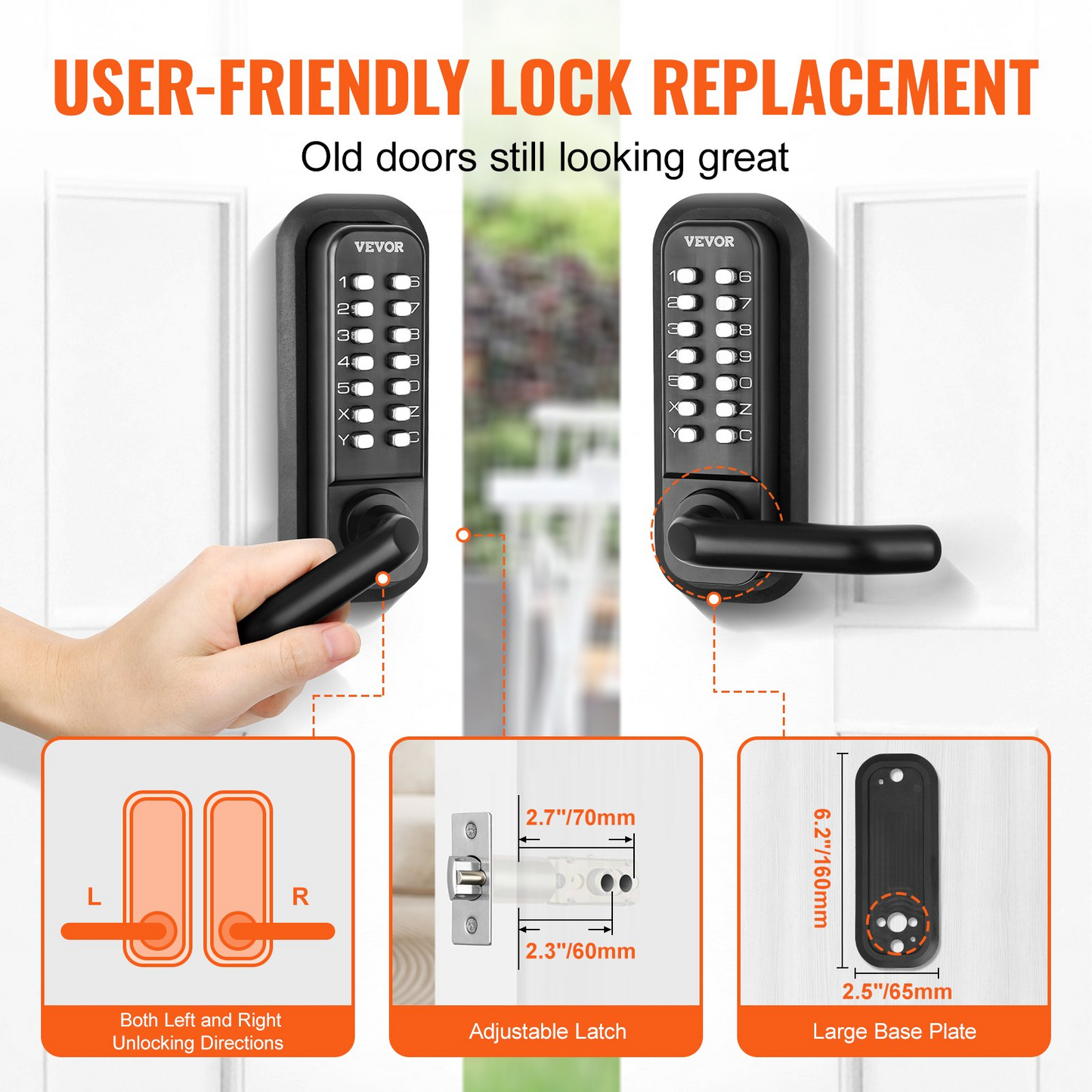 VEVOR Mechanical Keyless Entry Door Lock, 14 Digit Keypad, Double-sided Embedded Outdoor Gate Door Locks Set with Handle and Keypad, Water-proof Zinc Alloy, Easy to Install, for Yard, Garden, Garage