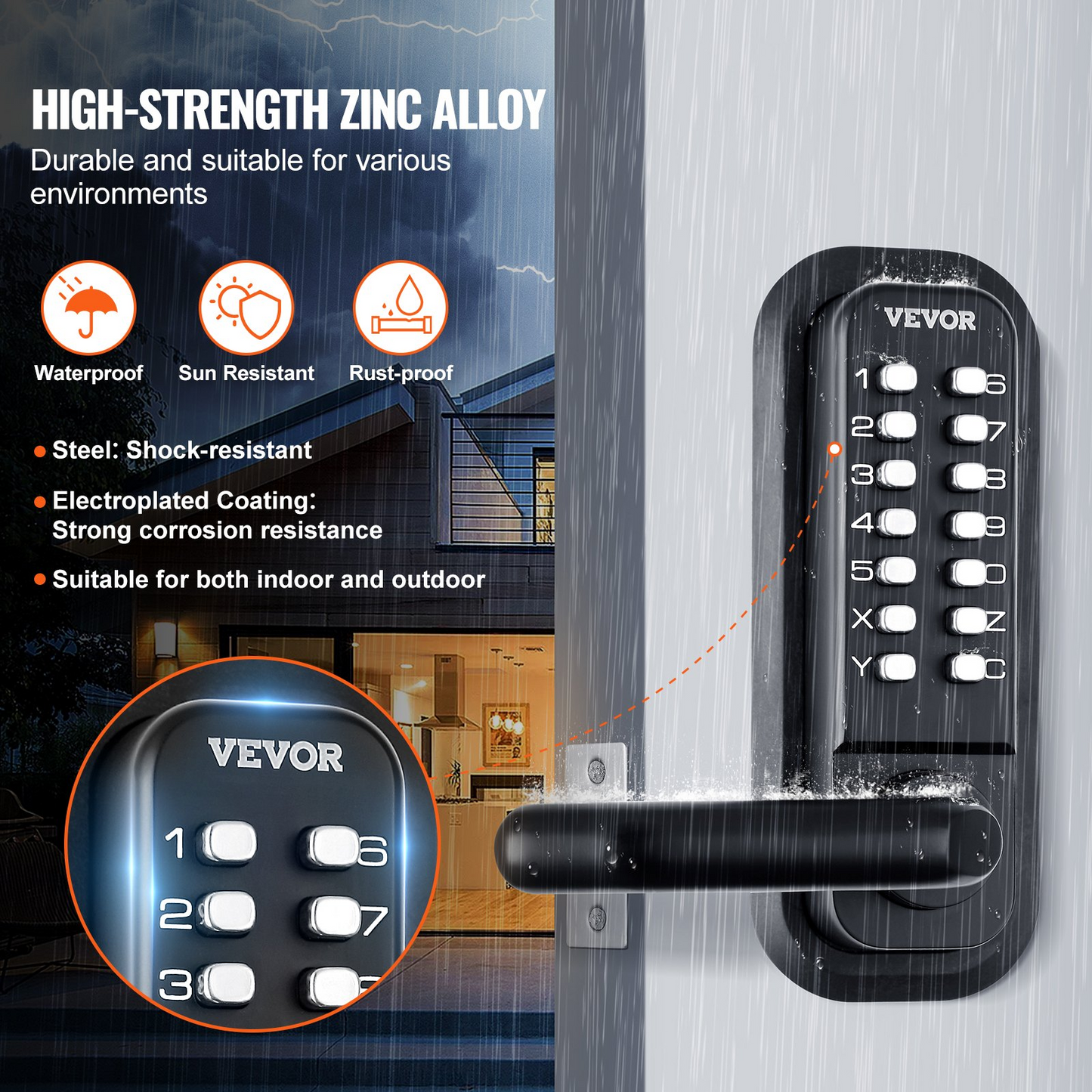 VEVOR Mechanical Keyless Entry Door Lock, 14 Digit Keypad, Double-sided Embedded Outdoor Gate Door Locks Set with Handle and Keypad, Water-proof Zinc Alloy, Easy to Install, for Yard, Garden, Garage