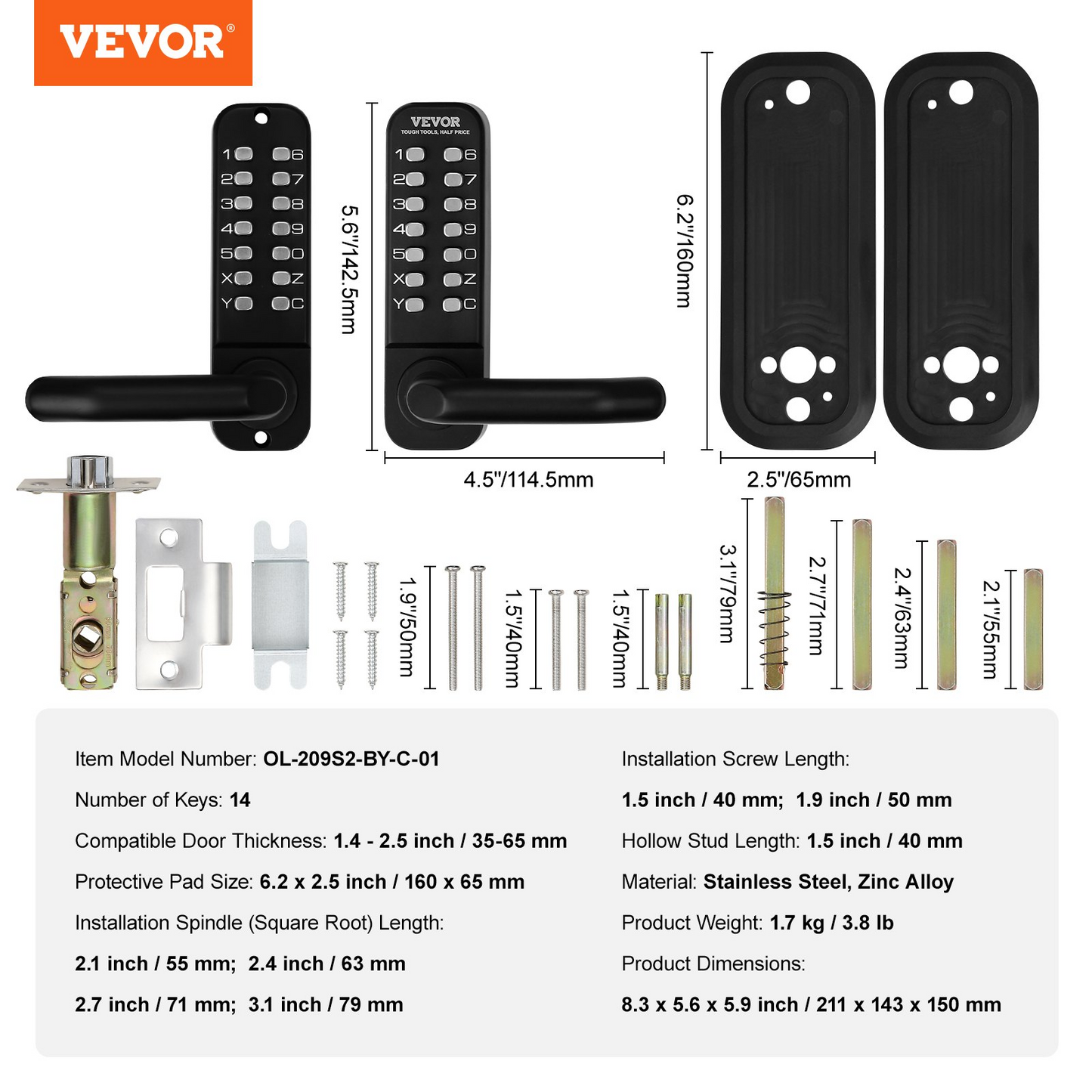 VEVOR Mechanical Keyless Entry Door Lock, 14 Digit Keypad, Double-sided Embedded Outdoor Gate Door Locks Set with Handle and Keypad, Water-proof Zinc Alloy, Easy to Install, for Yard, Garden, Garage