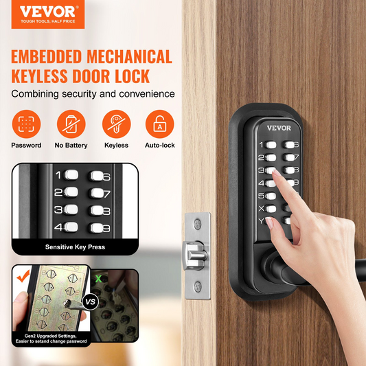 VEVOR Mechanical Keyless Entry Door Lock, 14 Digit Keypad, Embedded Outdoor Gate Door Locks Set with Keypad and Handle, Water-proof Zinc Alloy, Easy to Install, for Garden, Garage, Yard, Storage Shed