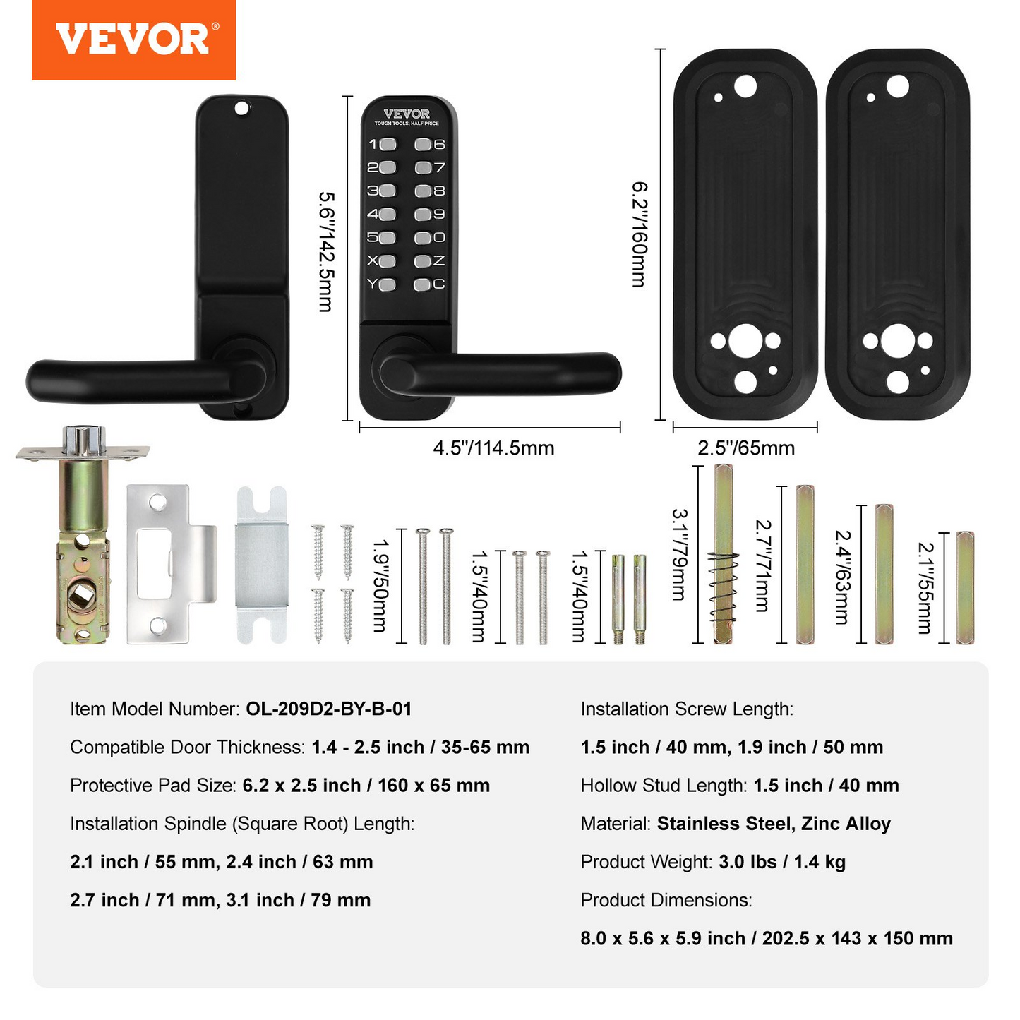 VEVOR Mechanical Keyless Entry Door Lock, 14 Digit Keypad, Embedded Outdoor Gate Door Locks Set with Keypad and Handle, Water-proof Zinc Alloy, Easy to Install, for Garden, Garage, Yard, Storage Shed