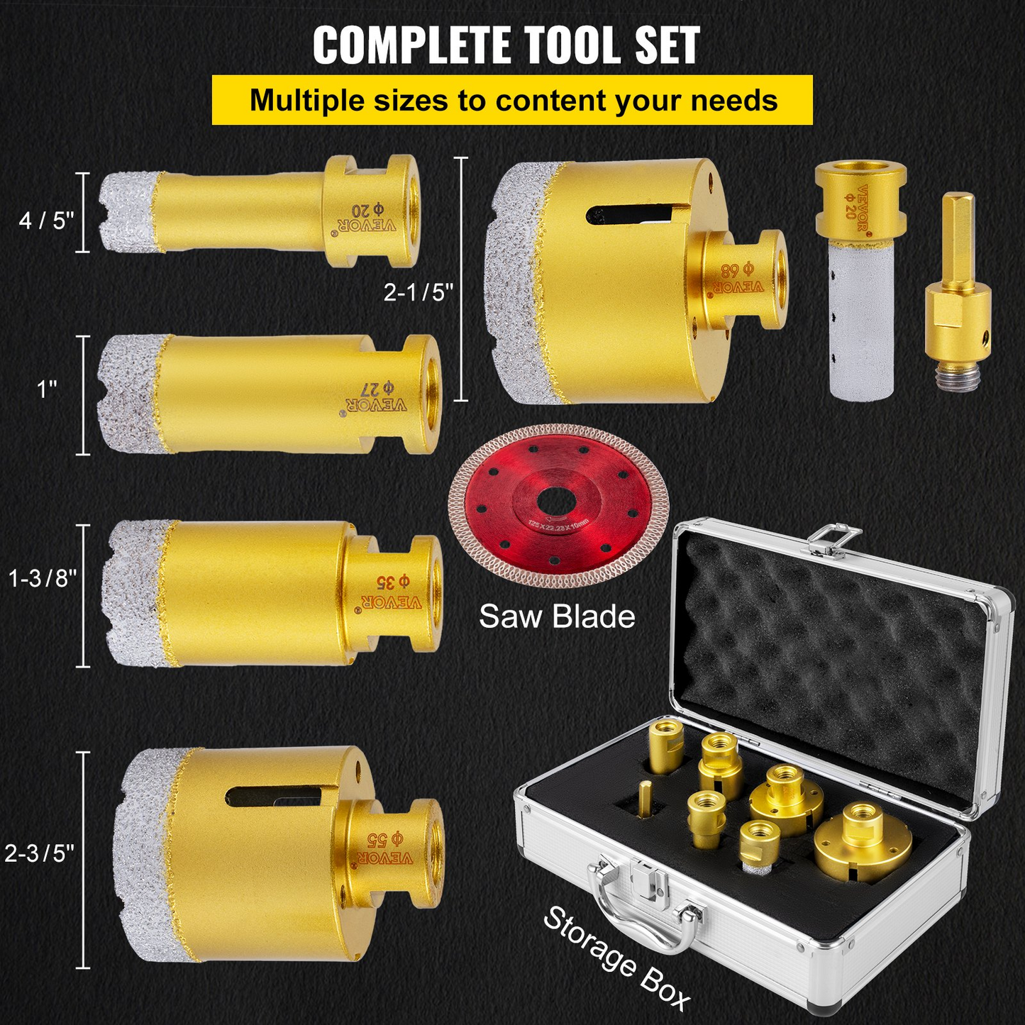 VEVOR Diamond Drill Bits 7PCS Diamond Hole Saw 20/27/35/55/68mmTile Hole Saw Kit Vacuum Brazed Diamond Drill Bit 0.59in/15mm Segment Tile Hole Saw w Storage Case for Tile Ceramic Porcelain Marble