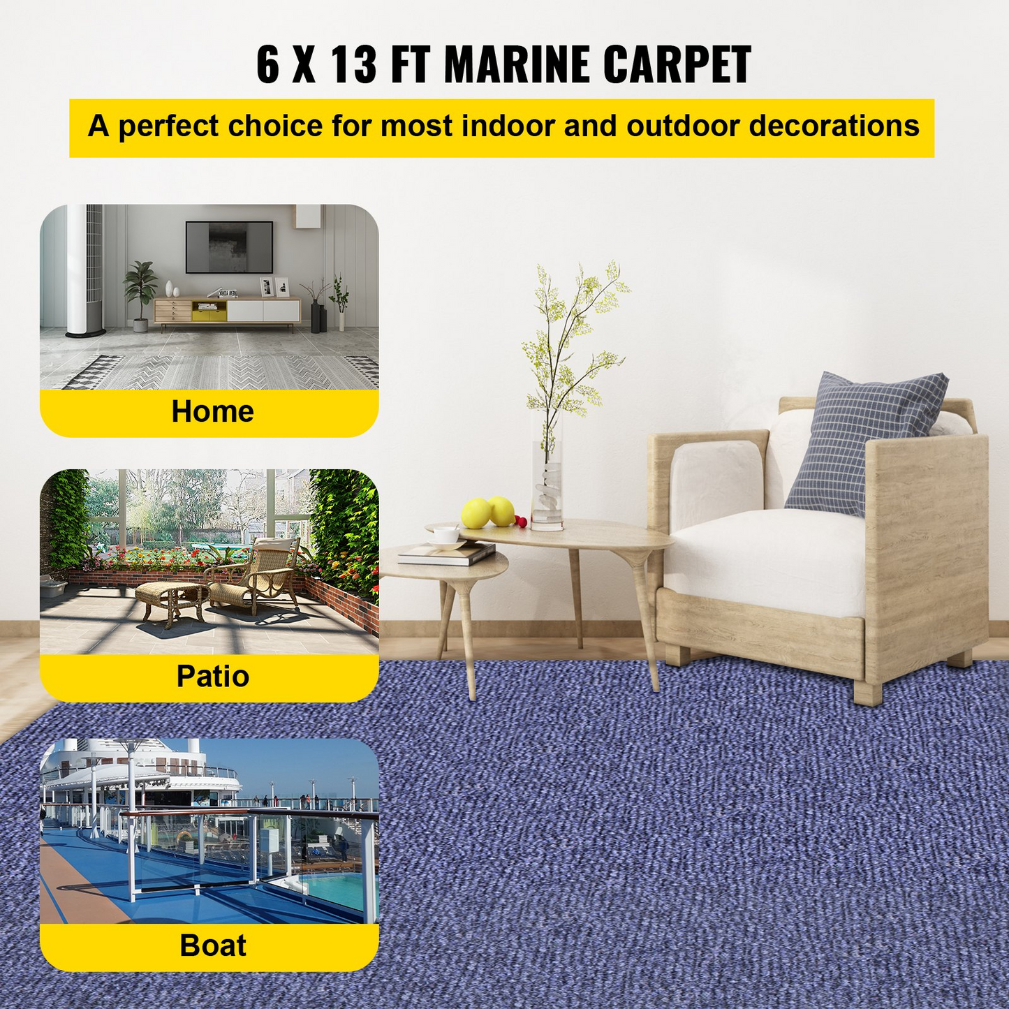 VEVOR Deep Blue Marine Carpet 6 ft x 13.1 ft Marine Carpeting Marine Grade Carpet for Boats with Waterproof Back Outdoor Rug for Patio Porch Deck Garage Outdoor Area Rug Runner Non-Slide Porch Rug