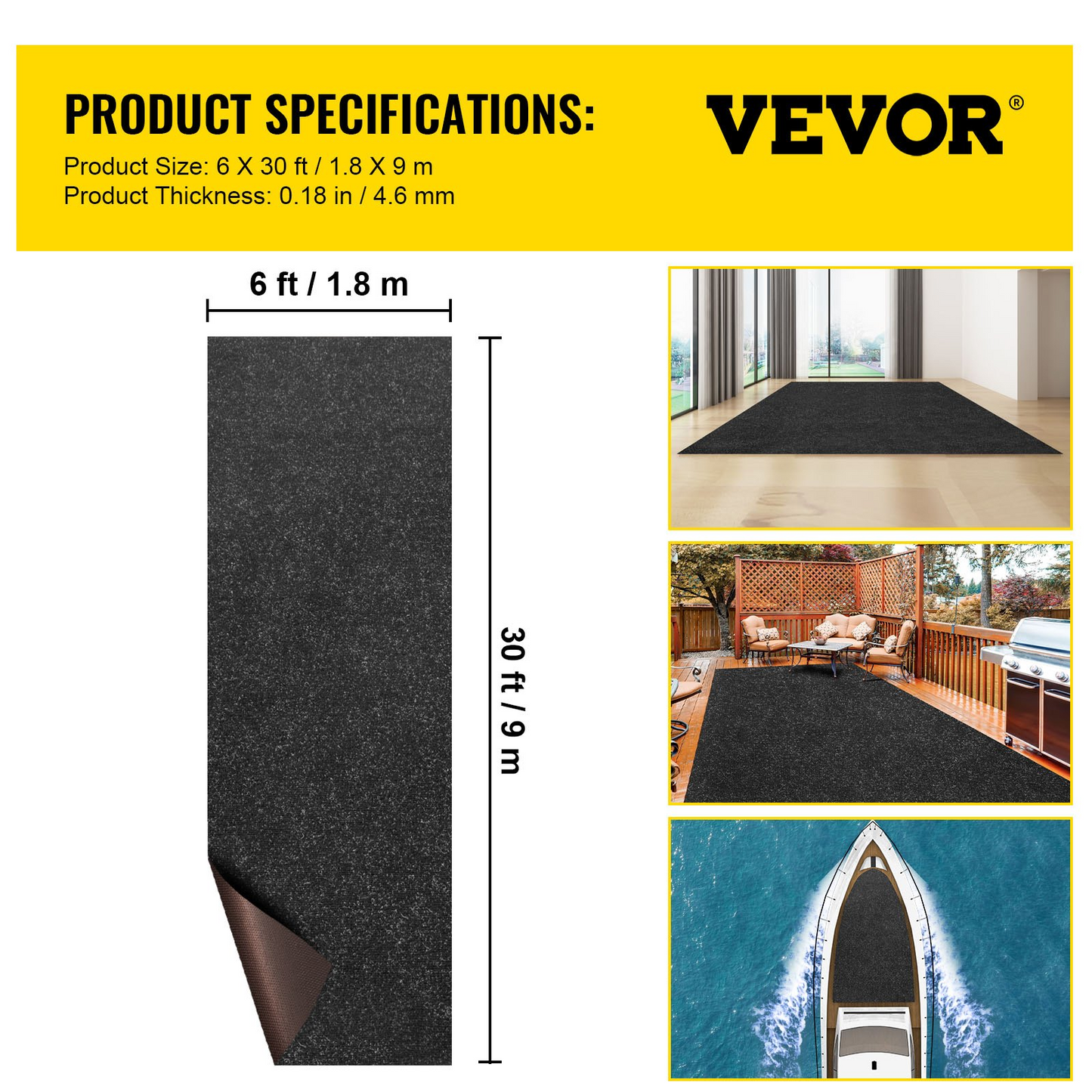 VEVOR Marine Carpet, 6 x 30 ft Boat Carpeting, Charcoal Black Marine Grade Boat Carpet, Indoor/Outdoor Marine Carpeting w/ Water-proof TPR Backing, Water-proof Carpet Roll for Home, Patio, Porch, Deck