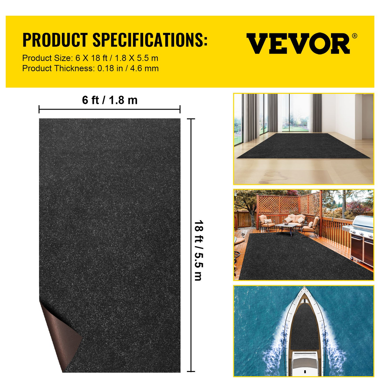 VEVOR Marine Carpet, 6 x 18 ft Boat Carpeting, Charcoal Black Marine Grade Boat Carpet, Indoor/Outdoor Marine Carpeting w/ Water-proof TPR Backing, Water-proof Carpet Roll for Home, Patio, Porch, Deck