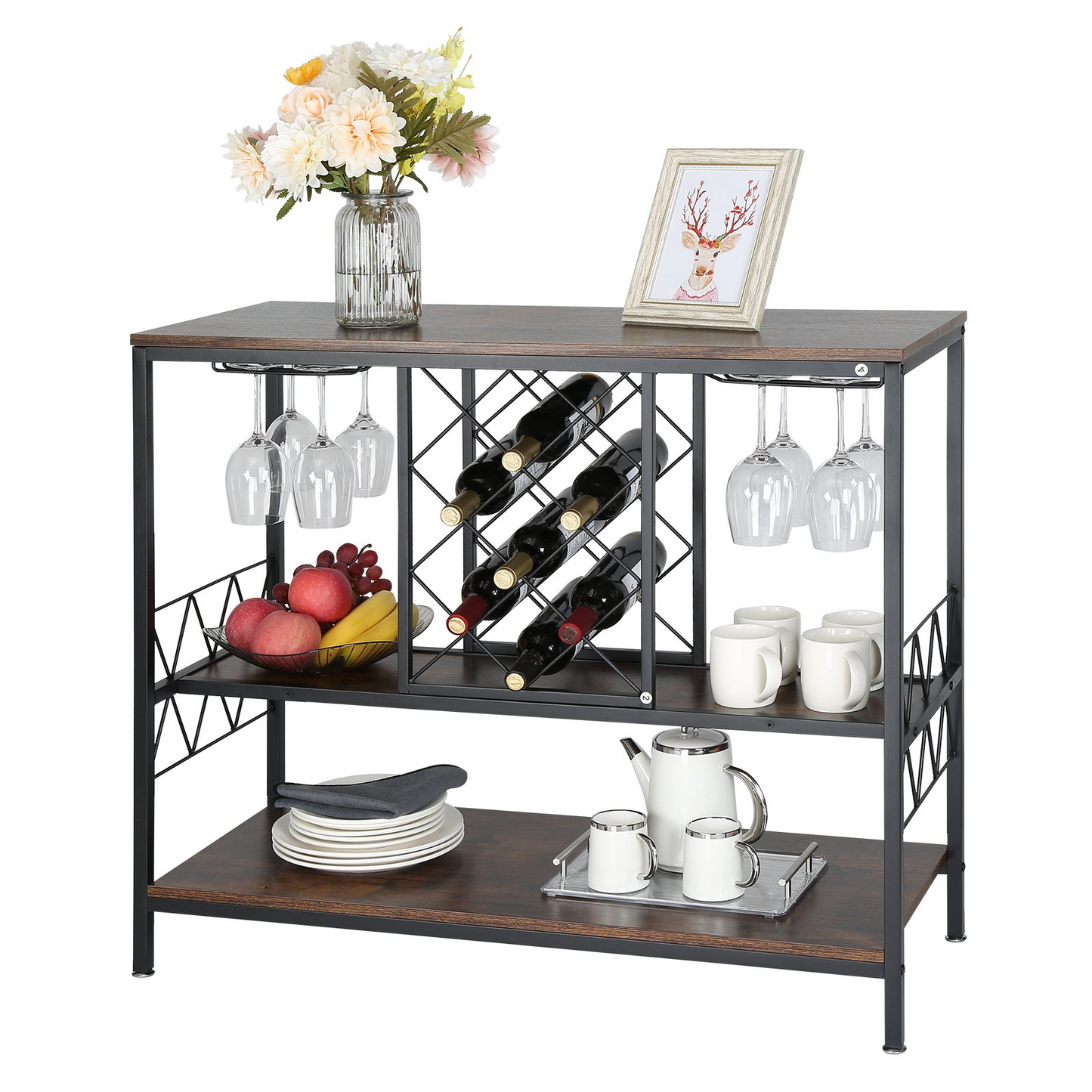 VEVOR Industrial Bar Cabinet Wine Bar Home Table with Wine Rack & Glass Holder