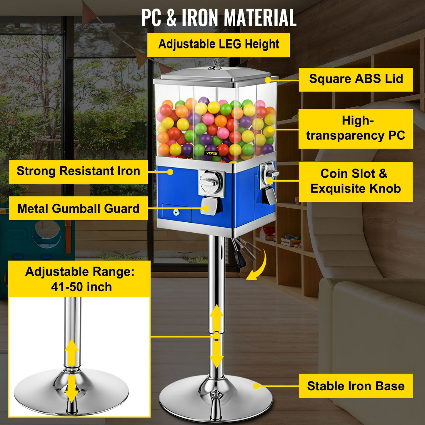 VEVOR Vending Machine with Stand, Blue Quarter Candy Dispenser, Rotatable Four Compartments Square Candy Vending Machine, PC & Iron Large Gumball Bank Adjustable Dispenser Wheels for 1 inch Gumballs