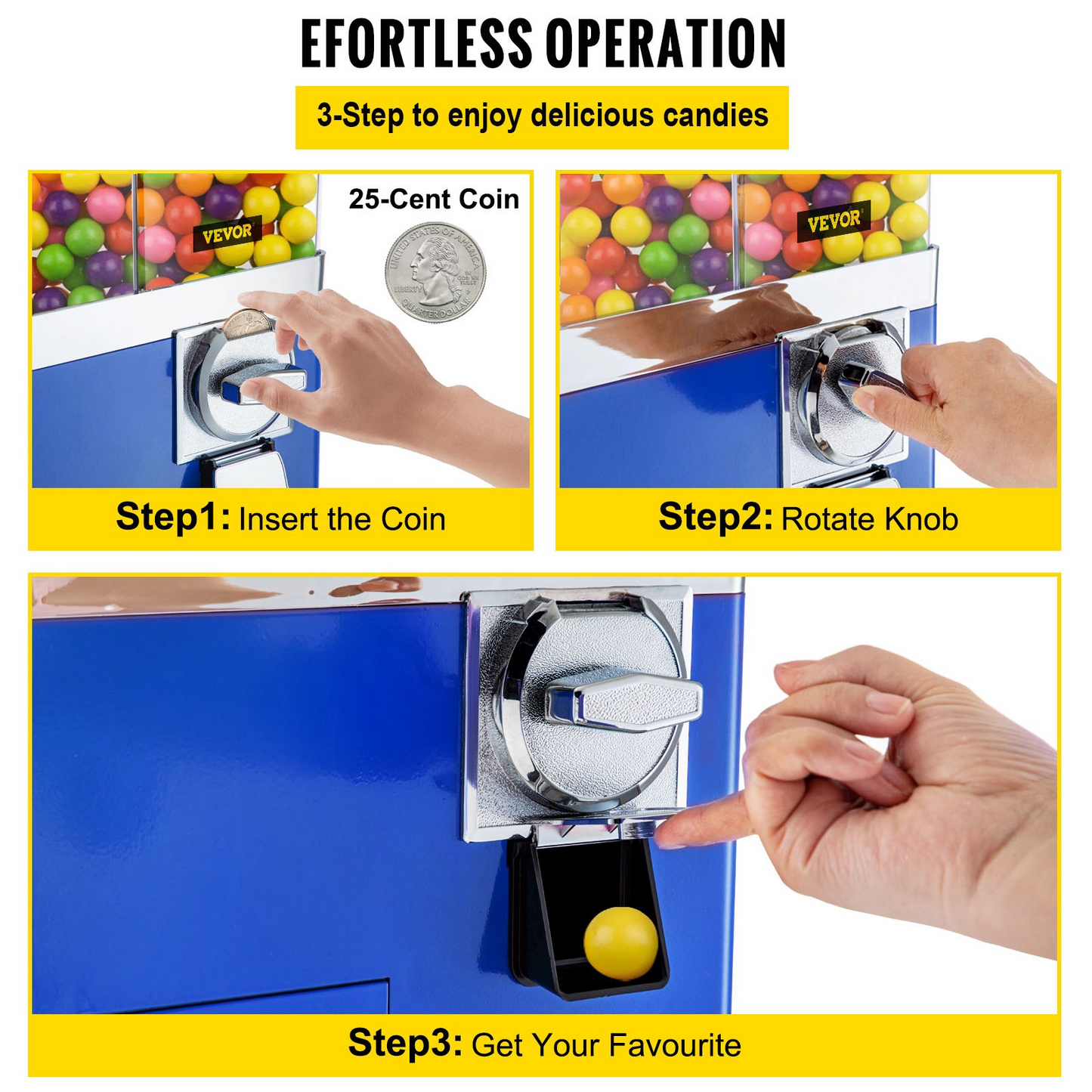 VEVOR Vending Machine with Stand, Blue Quarter Candy Dispenser, Rotatable Four Compartments Square Candy Vending Machine, PC & Iron Large Gumball Bank Adjustable Dispenser Wheels for 1 inch Gumballs