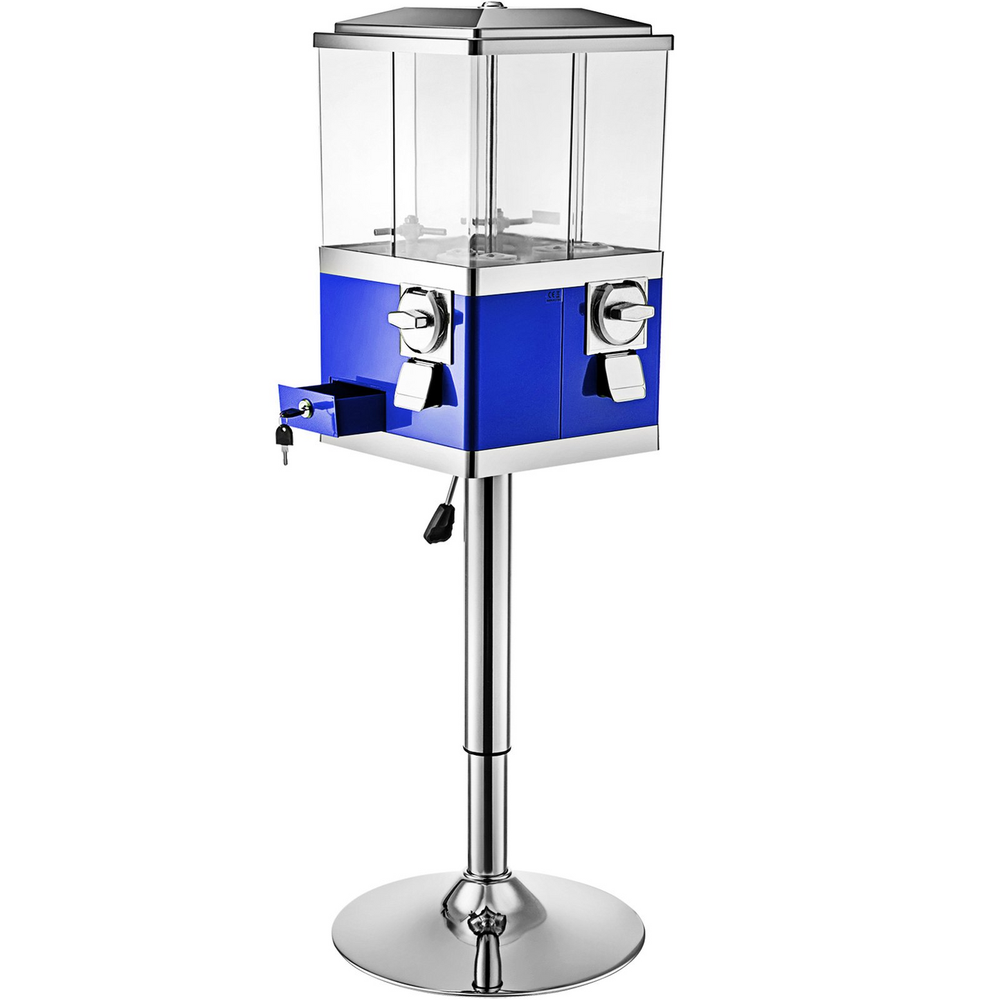 VEVOR Vending Machine with Stand, Blue Quarter Candy Dispenser, Rotatable Four Compartments Square Candy Vending Machine, PC & Iron Large Gumball Bank Adjustable Dispenser Wheels for 1 inch Gumballs