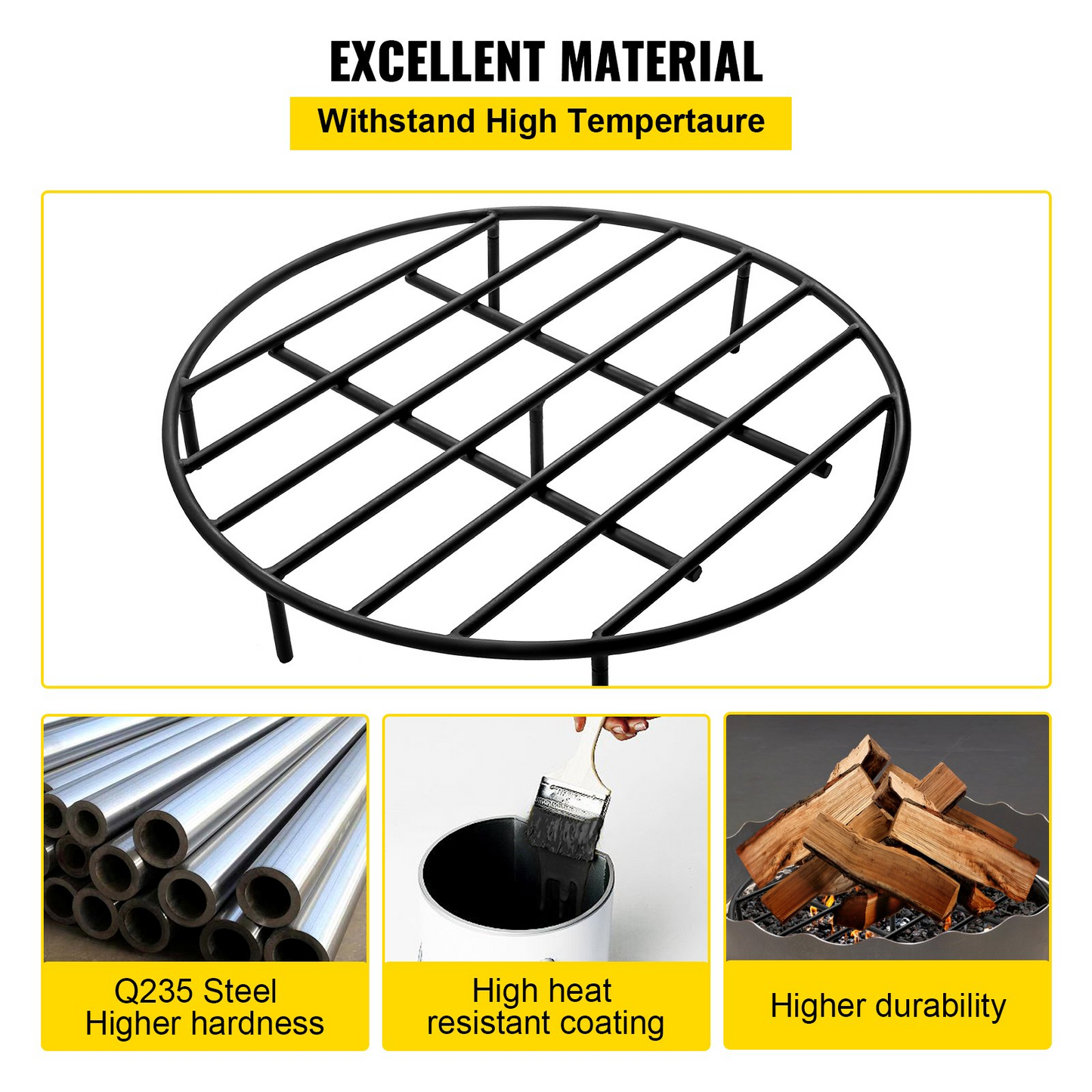 VEVOR Fire Pit Grate, Heavy Duty Iron Round Firewood Grate, Round Wood Fire Pit Grate 24", Firepit Grate with Black Paint, Fire Grate with 7 Removable Round Legs for Burning Fireplace and Firepits