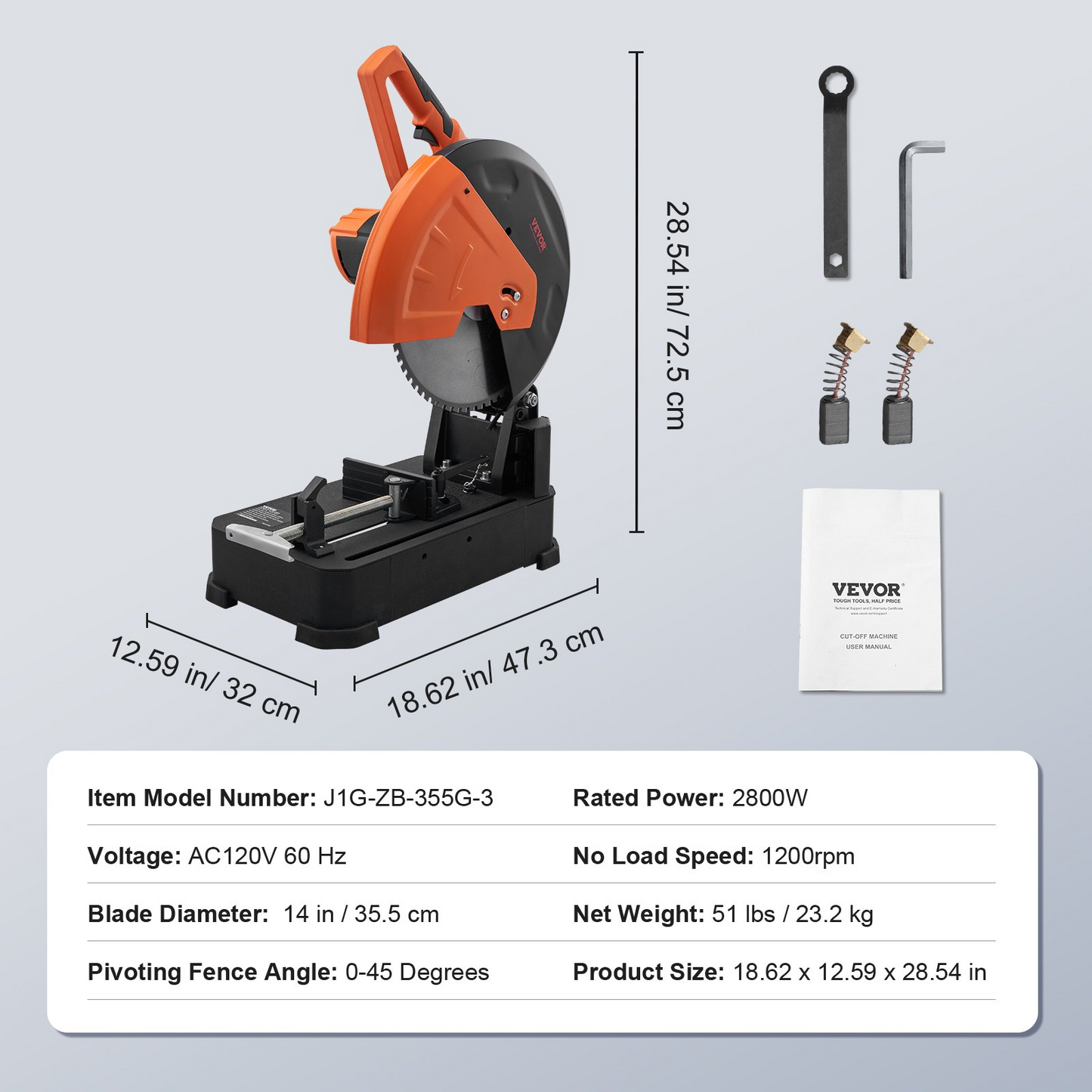 VEVOR Chop Saw, 14"/355mm Blade Diameter Cut Off Saw, 2800W 1200RPM Steel Cutting Machine, 0-45° Adjustable Dry Cut Chop Saw, Miter Saw for Cutting Metal Cold Cut Saw for Steel/Rebar/Iron/Aluminum