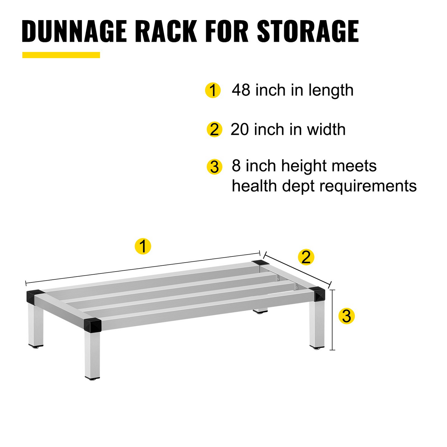 VEVOR Aluminum Dunnage Rack, 48'' x 20'' Commercial Floor Food Shelf, 8'' Off The Floor, 1500lbs Capacity Aluminum Storage Rack, Commercial Food Service Storage in Restaurant, Kitchens, Shops