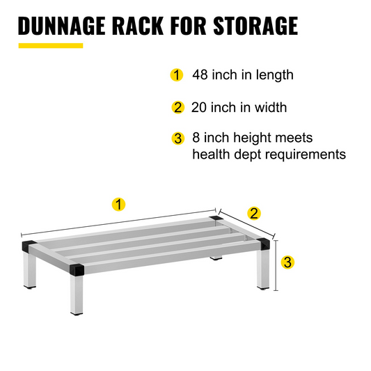 VEVOR Aluminum Dunnage Rack, 48'' x 20'' Commercial Floor Food Shelf, 8'' Off The Floor, 1500lbs Capacity Aluminum Storage Rack, Commercial Food Service Storage in Restaurant, Kitchens, Shops