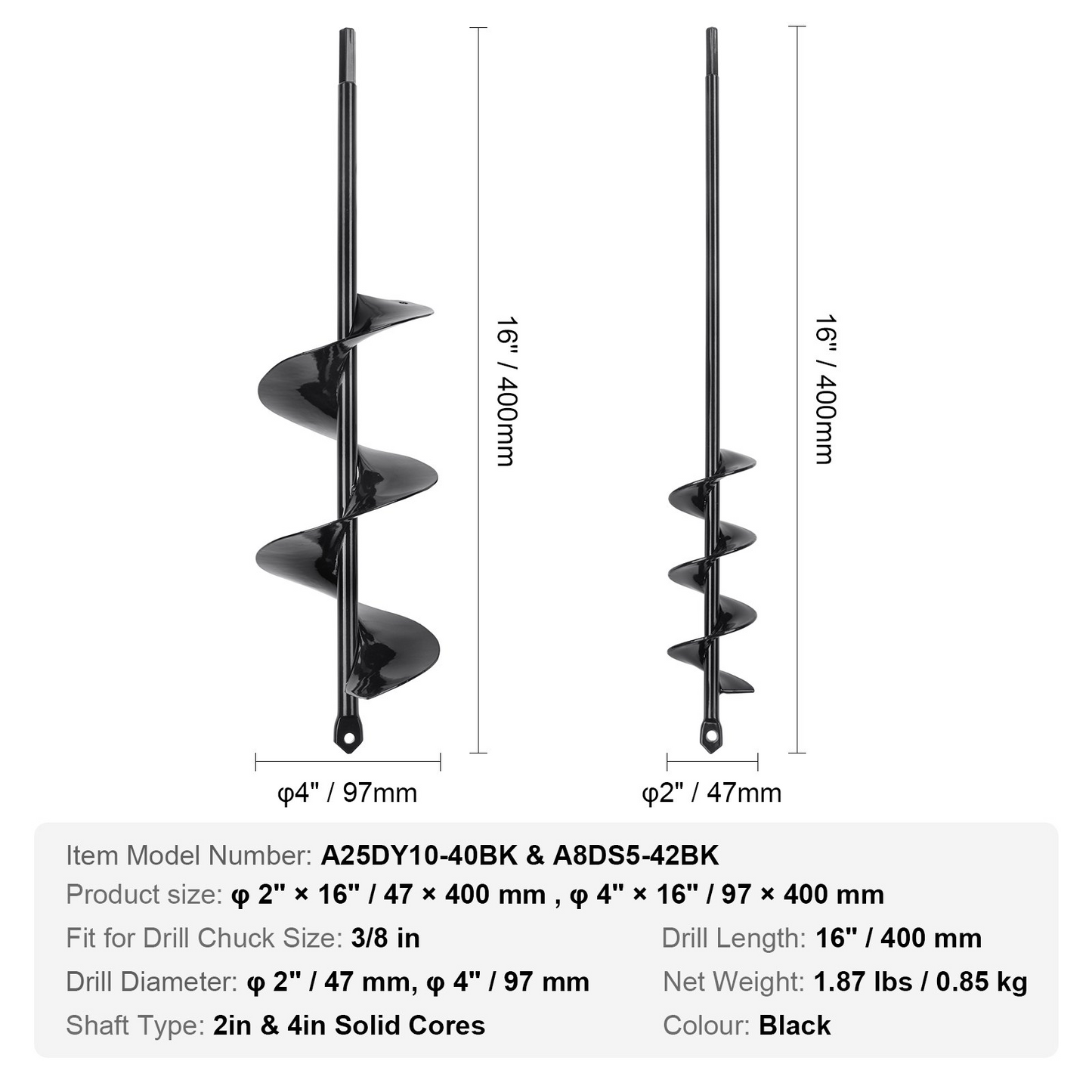 VEVOR Auger Drill Bits for Planting Set of 2, Garden Auger Drill Bit, Spiral Drill Bit for Post Hole Digger, Bulbs Planting & Holes Digging, for 3/8" Hex Drive Drill