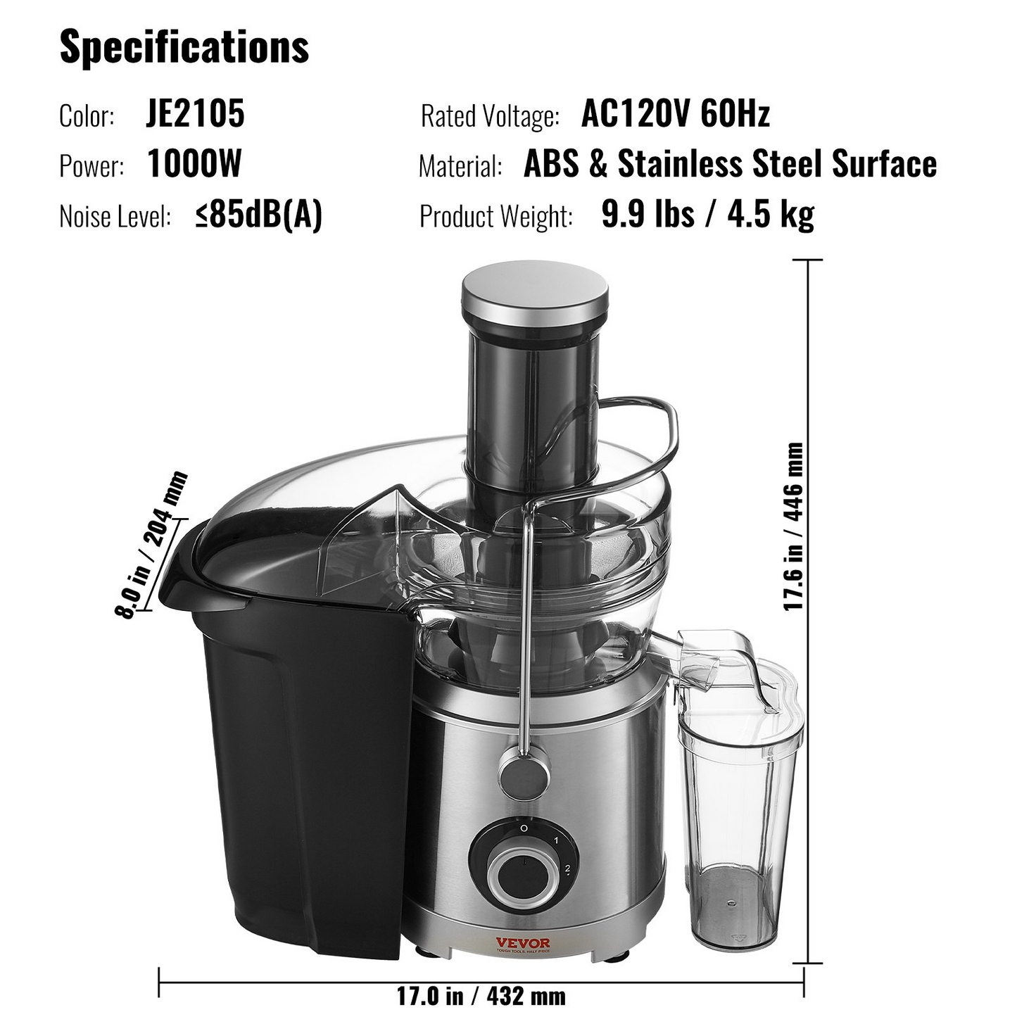 VEVOR Juicer Machine, 1000W Motor Centrifugal Juice Extractor, Easy Clean Centrifugal Juicers, Big Mouth Large 3" Feed Chute for Fruits and Vegetables, 2 Speeds Juice Maker, Stainless Steel, BPA Free