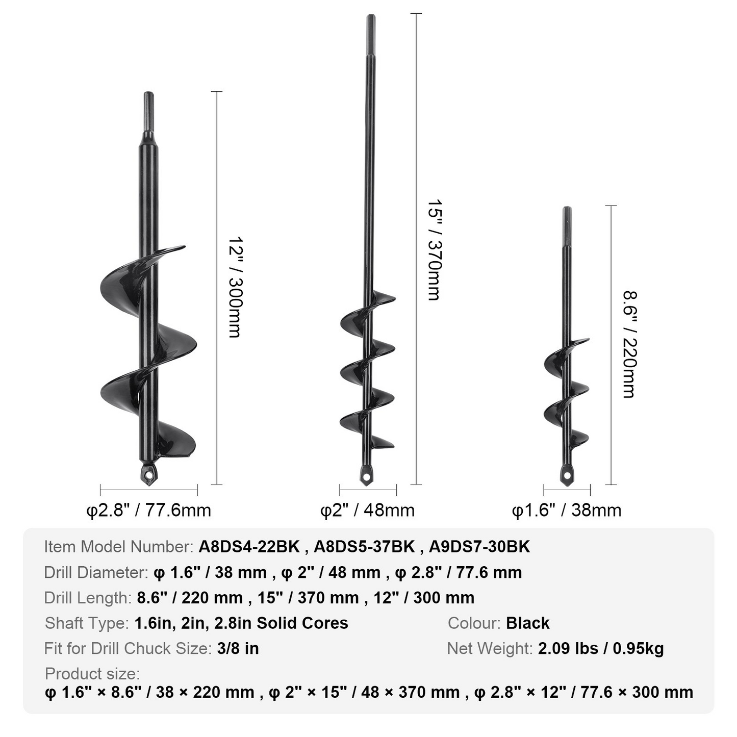 VEVOR Auger Drill Bits for Planting Set of 3, Garden Auger Drill Bit, Spiral Drill Bit for Post Hole Digger, Bulbs Planting & Holes Digging, for 3/8" Hex Drive Drill