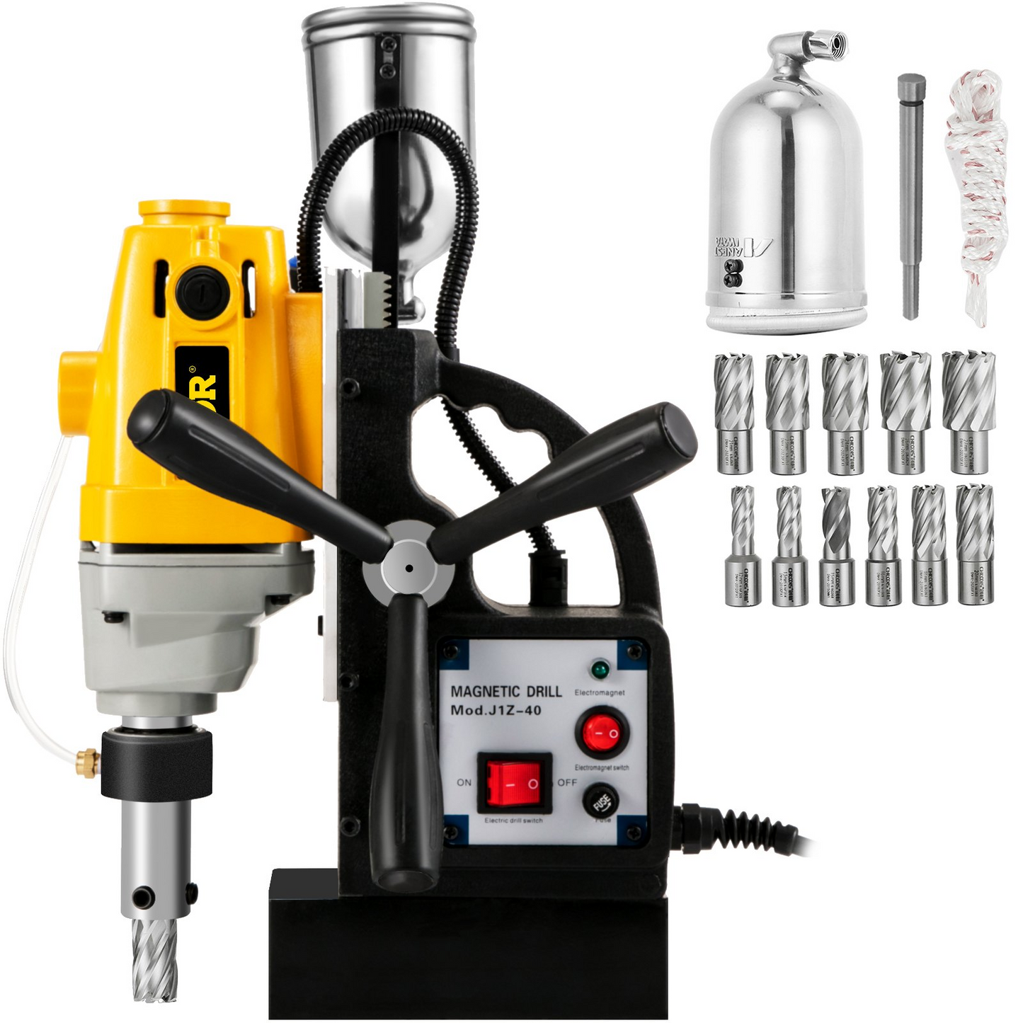 VEVOR 1100W Magnetic Drill Press with 1-1/2 Inch (40mm) Boring Diameter MD40 Magnetic Drill Press Machine 2810 LBS Magnetic Force Magnetic Drilling System 670 RPM with 11 Pcs HSS Annular Cutter Kit