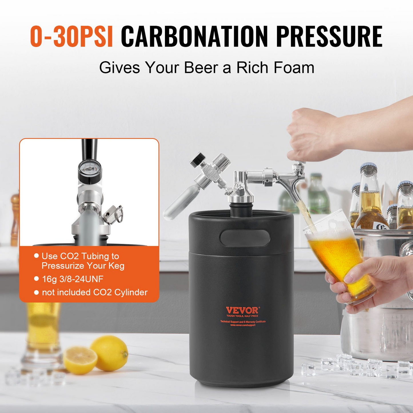 VEVOR Beer Growler Tap System, 170Oz 5L Mini Keg, 304 Stainless Steel Pressurized Beer Growler, Keg Growler with Pressure Display, CO2 Regulator Faucet, Leak-Proof Ring For Draft, Homebrew, Craft Beer