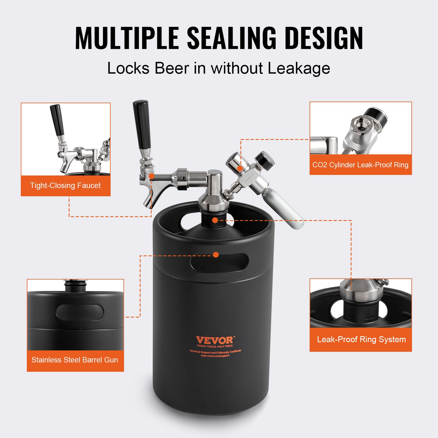 VEVOR Beer Growler Tap System, 170Oz 5L Mini Keg, 304 Stainless Steel Pressurized Beer Growler, Keg Growler with Pressure Display, CO2 Regulator Faucet, Leak-Proof Ring For Draft, Homebrew, Craft Beer