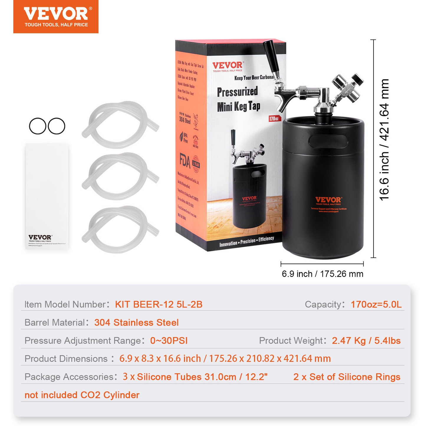 VEVOR Beer Growler Tap System, 170Oz 5L Mini Keg, 304 Stainless Steel Pressurized Beer Growler, Keg Growler with Pressure Display, CO2 Regulator Faucet, Leak-Proof Ring For Draft, Homebrew, Craft Beer