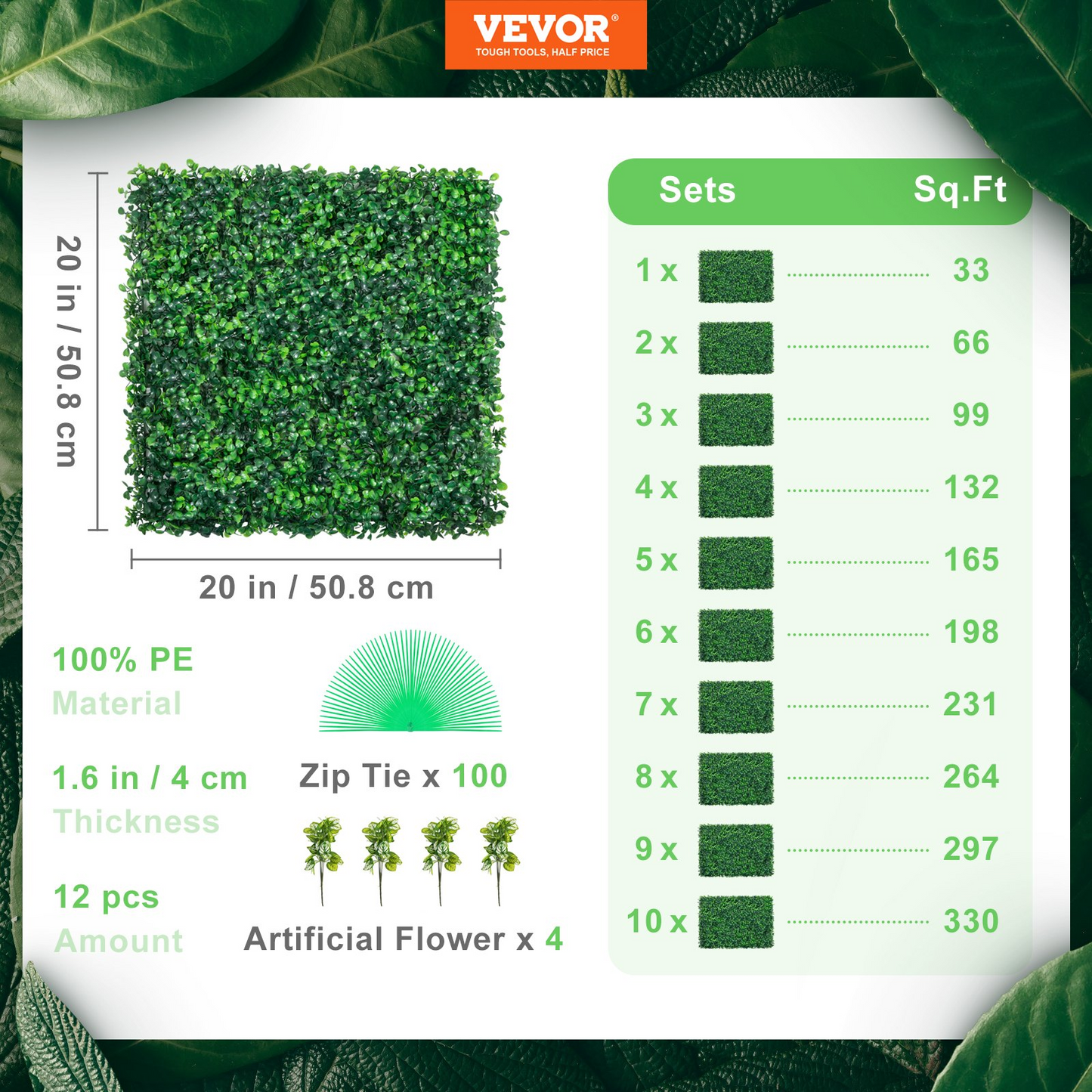 VEVOR 12PCS 20x20inch Artificial Boxwood Panels,Boxwood Hedge Wall Panels,Artificial Grass Backdrop Wall 1.6",Privacy Hedge Screen UV Protected for Outdoor Indoor Garden Fence Backyard