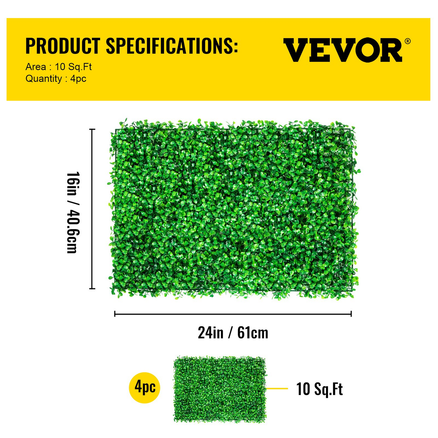 VEVOR Artificial Boxwood Panel UV 4pcs Boxwood Hedge Wall Panels Artificial Grass Backdrop Wall 24X16" 4 cm Green Grass Wall Fake Hedge for Decor Privacy Fence Indoor Outdoor Garden Backyard