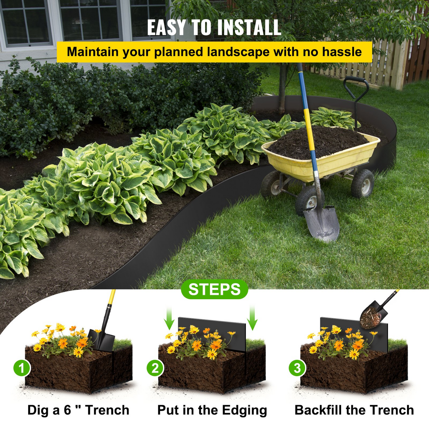 VEVOR Landscape Edging, 10 inch Depth 40 ft Total Length, Recycled HDPE Coiled Terrace Board, Flexible Bender Border for Landscaping, Lawn, Garden, Yard, Against Invading Weeds, Black