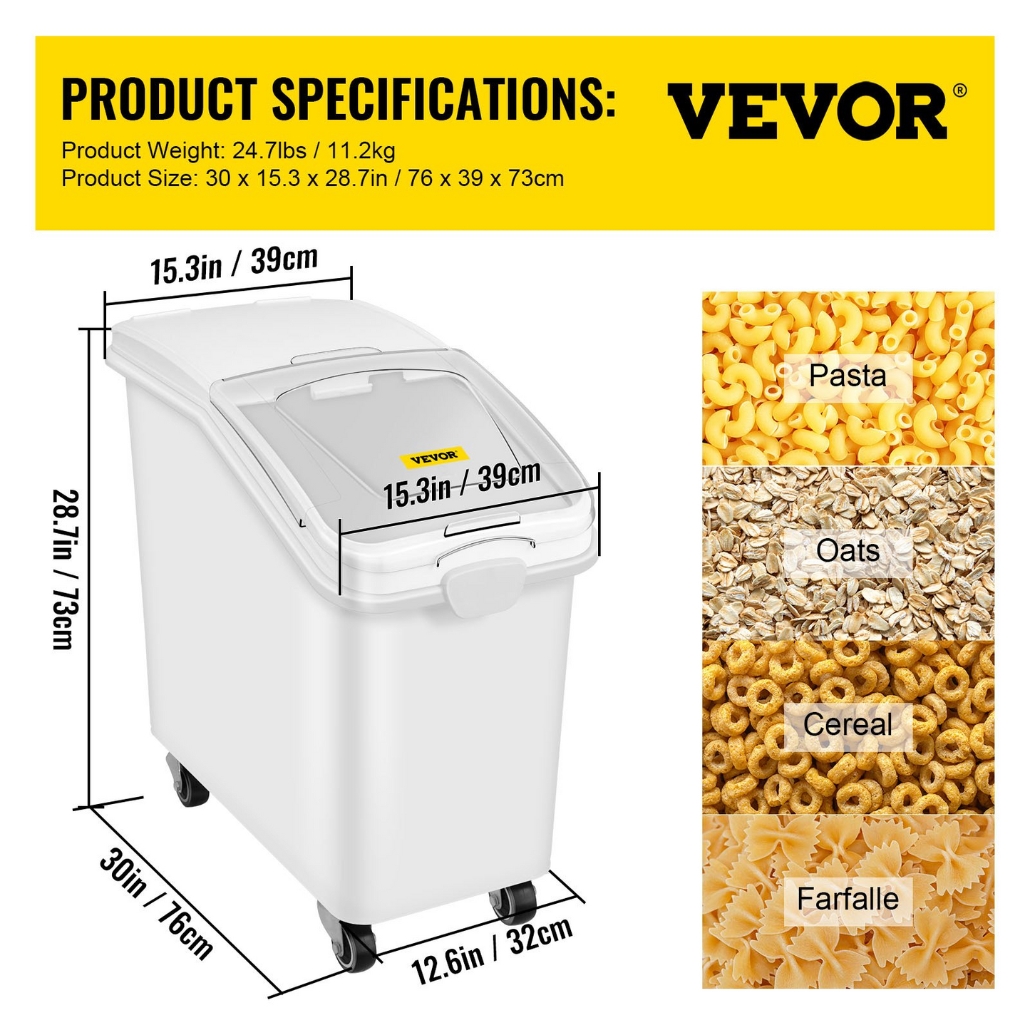 VEVOR 27 Gallon Ingredient Storage Bin 500 Cup Ingredient Bin with Scoop and Sliding Lid Commercial Food Container Ideal for Kitchen, White