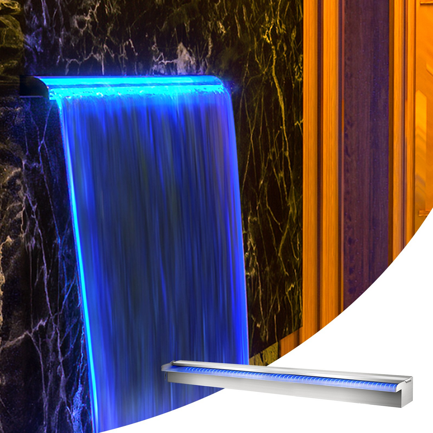 VEVOR Pool Fountain Stainless Steel Pool Waterfall 59.4" x 4.5" x 3.1"(W x D x H) with LED Strip Light Waterfall Spillway Rectangular Garden Outdoor