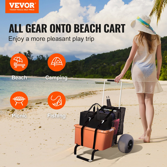 VEVOR Beach Carts for Sand, 23" x 15" Cargo Deck, w/ 13" TPU Balloon Wheels, 165LBS Loading Folding Sand Cart & 33.1" to 51.6" Adjustable Height, Aviation Aluminum Cart for Picnic, Fishing, Beach